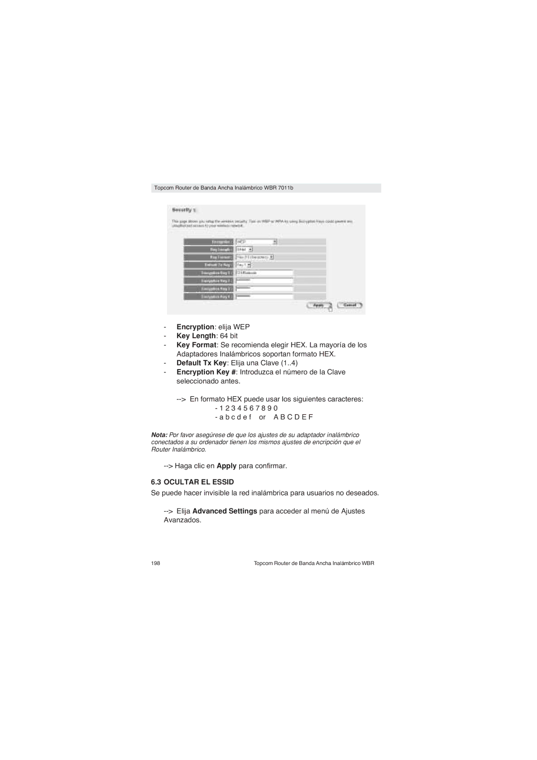 Topcom WBR 7011 B manual Encryption elija WEP, Ocultar EL Essid 