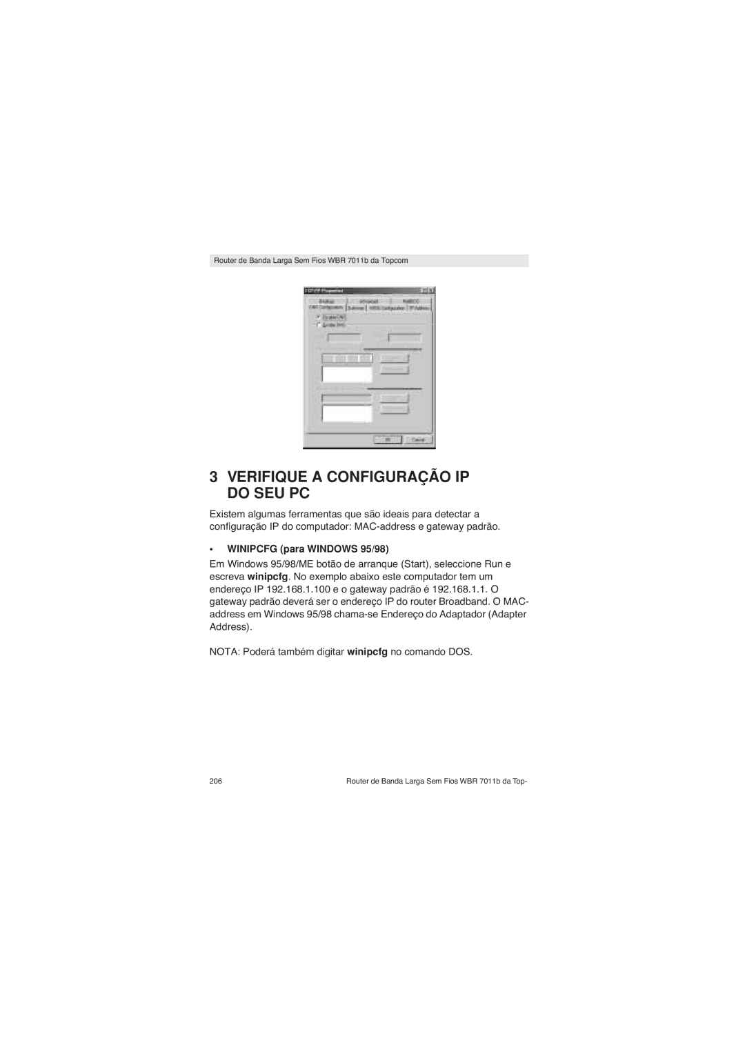 Topcom WBR 7011 B manual Verifique a Configuração IP do SEU PC, Winipcfg para Windows 95/98 