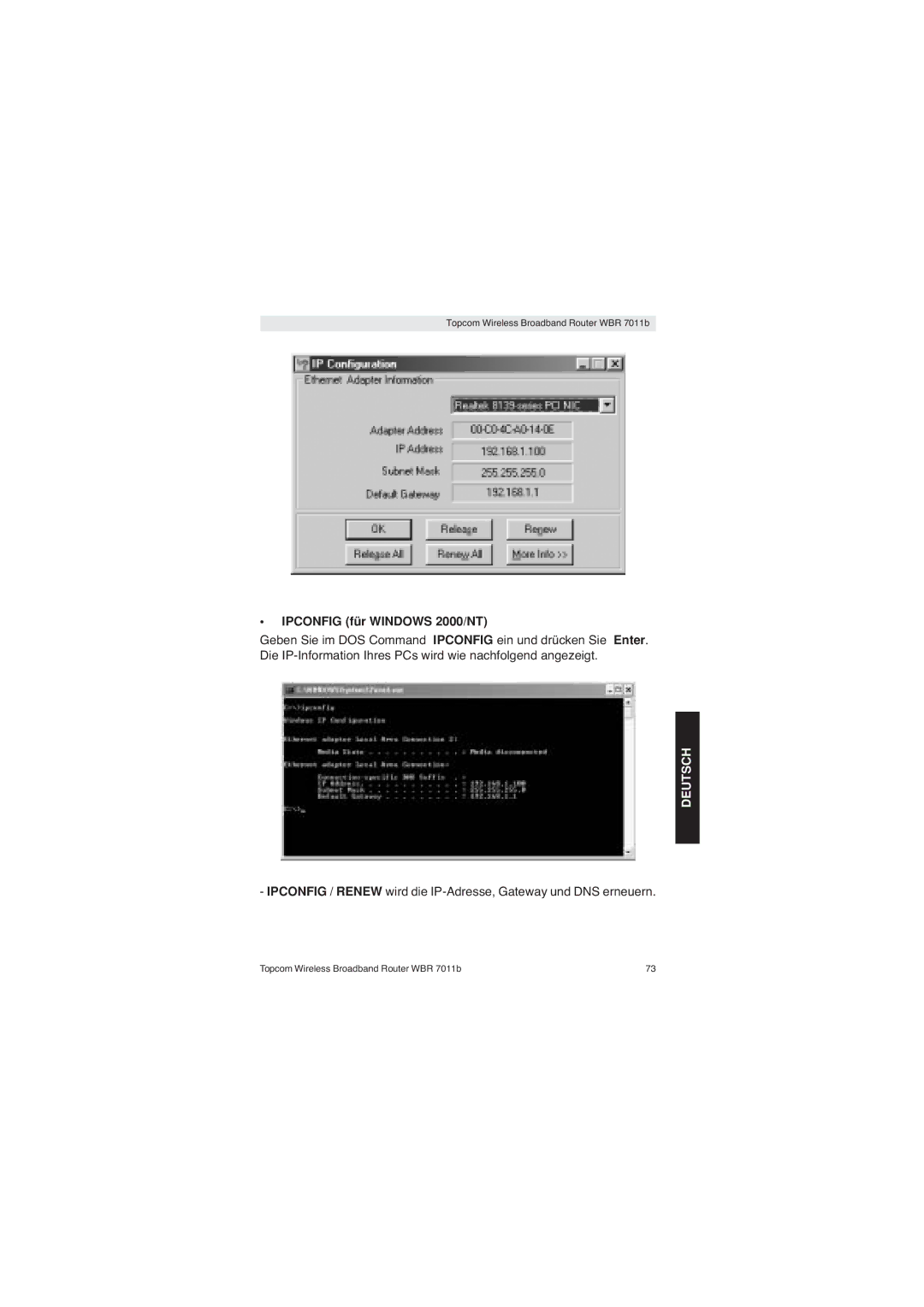 Topcom WBR 7011 B manual Ipconfig für Windows 2000/NT 