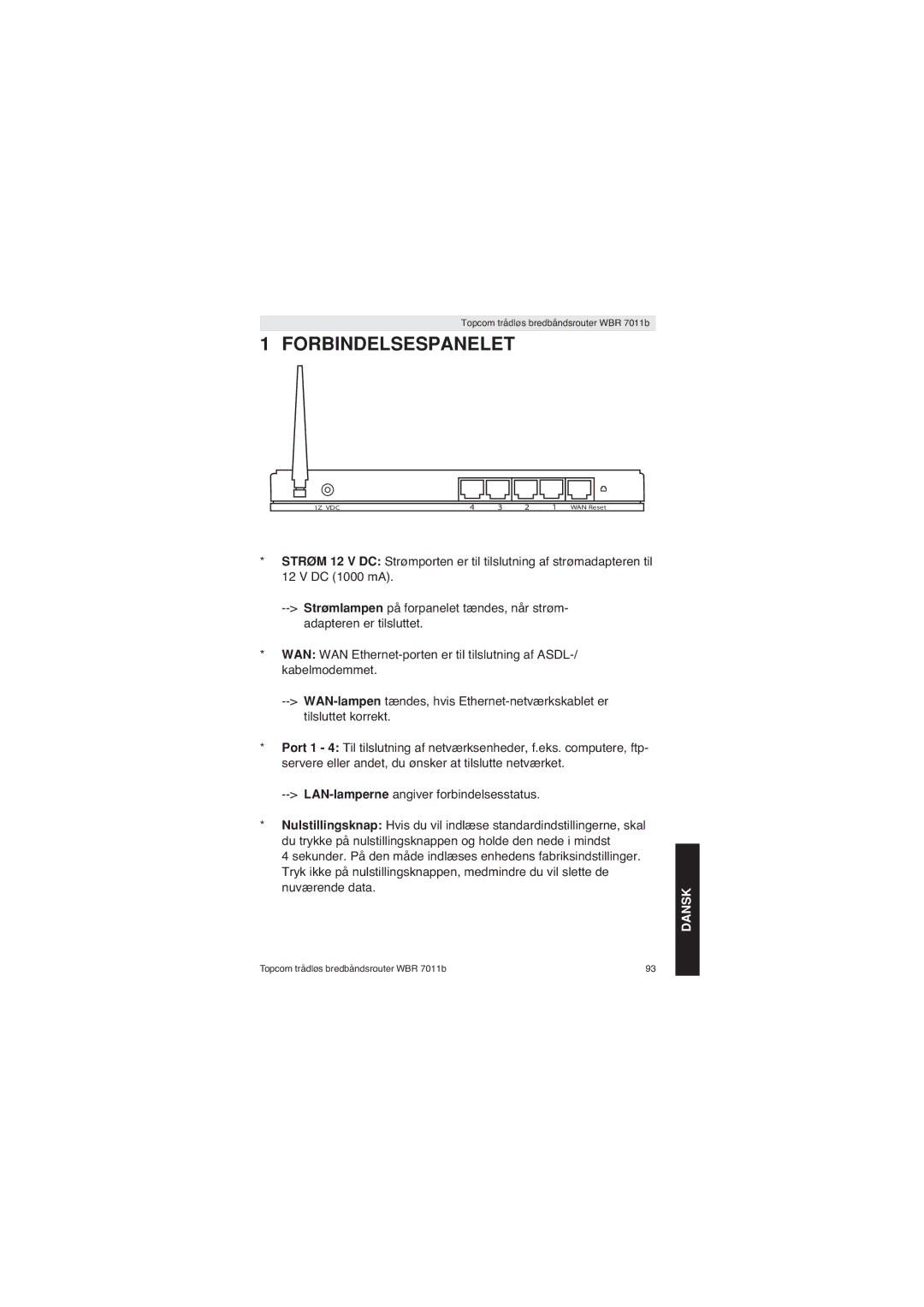 Topcom WBR 7011 B manual Forbindelsespanelet 