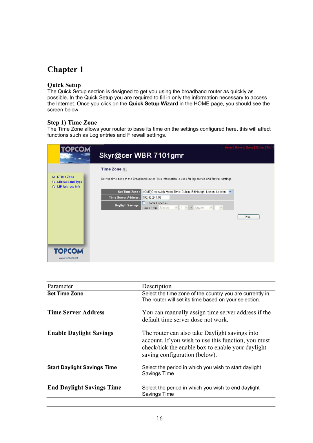 Topcom WBR 7101GMR manual Time Server Address, Enable Daylight Savings, End Daylight Savings Time 