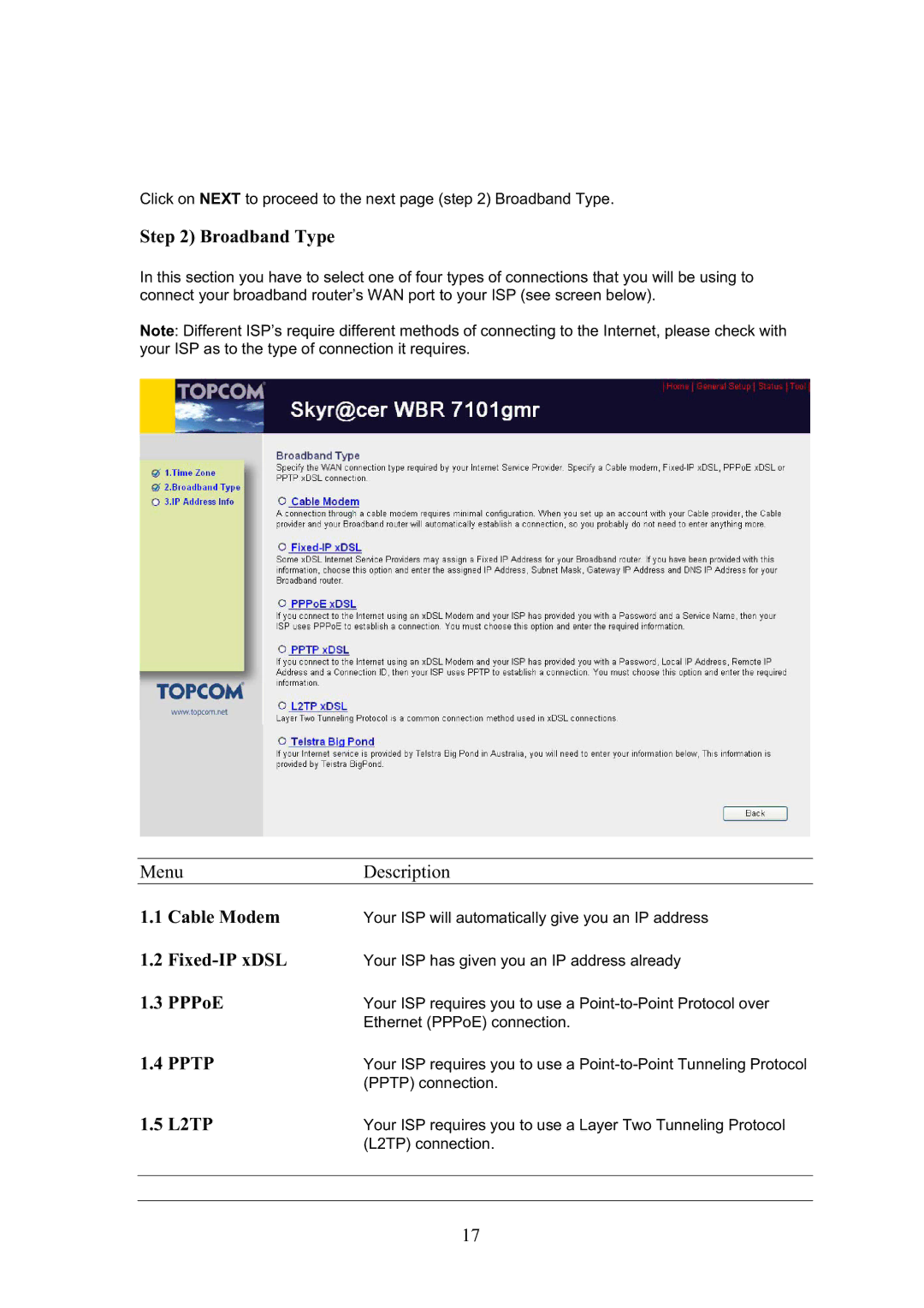 Topcom WBR 7101GMR manual Click on Next to proceed to the next page Broadband Type 