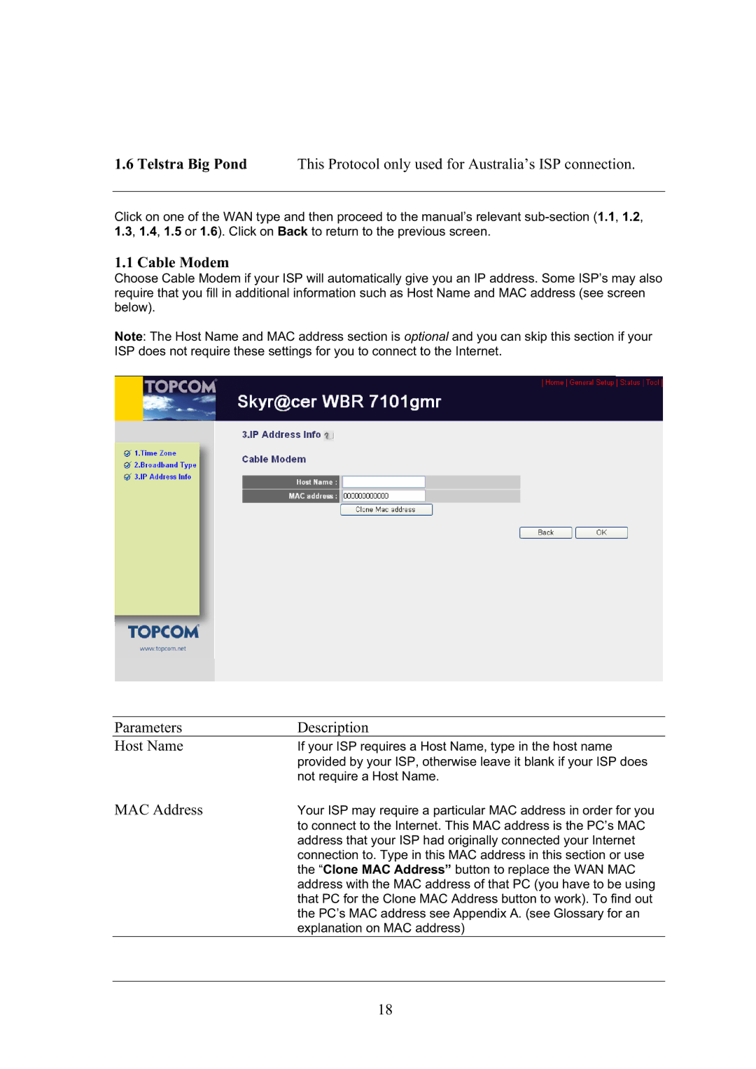 Topcom WBR 7101GMR manual Parameters Description Host Name, MAC Address 
