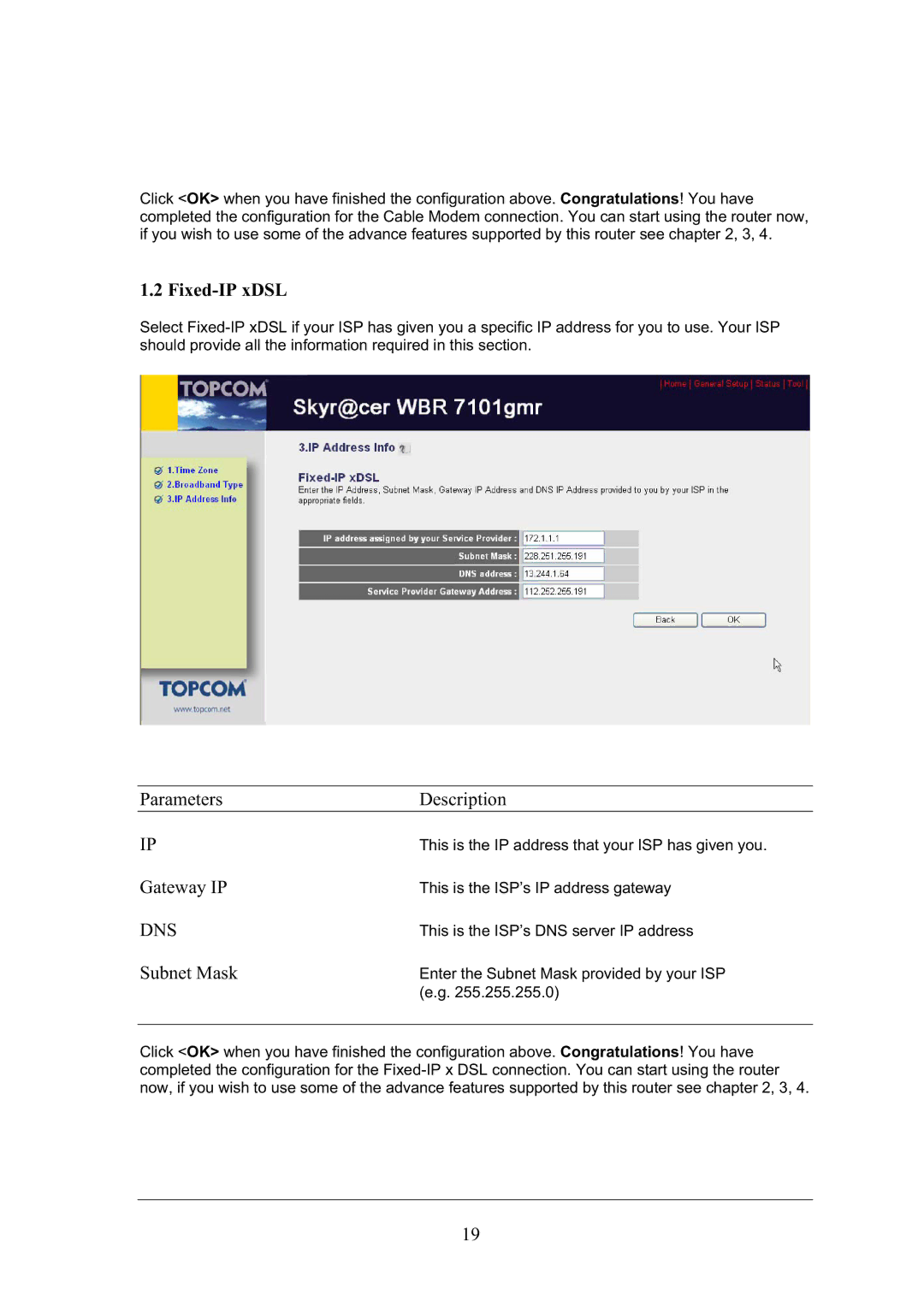 Topcom WBR 7101GMR manual Parameters Description, Gateway IP, Subnet Mask 