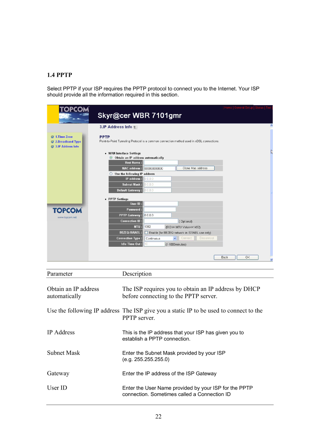 Topcom WBR 7101GMR manual Gateway, User ID 