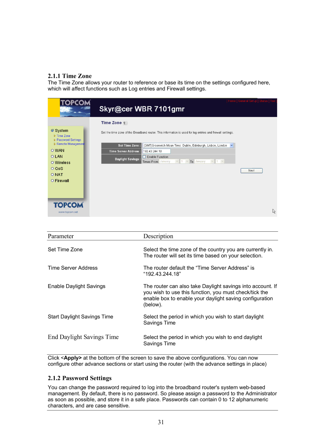 Topcom WBR 7101GMR manual Time Zone, End Daylight Savings Time 