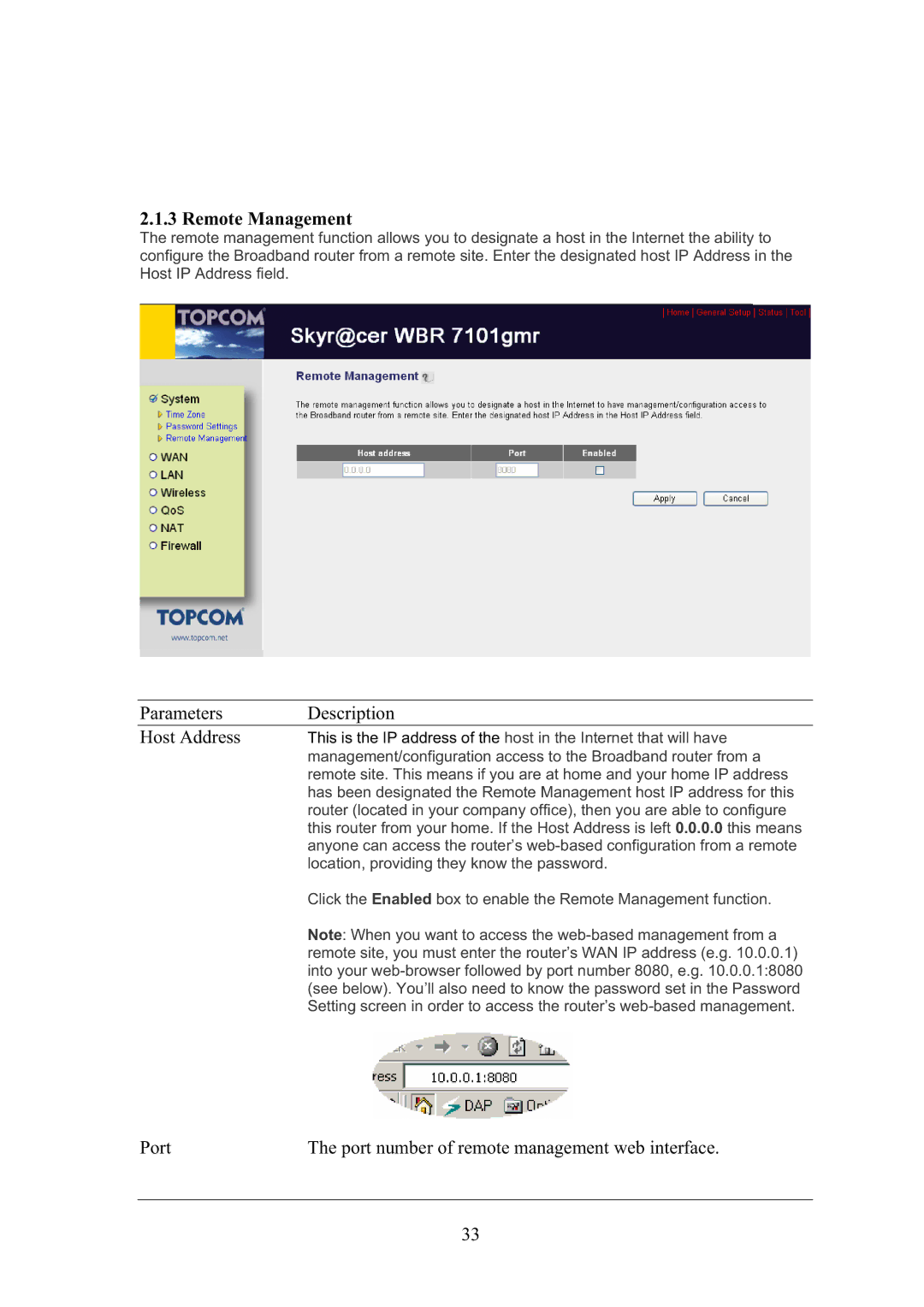 Topcom WBR 7101GMR manual Parameters Description Host Address, Port Port number of remote management web interface 