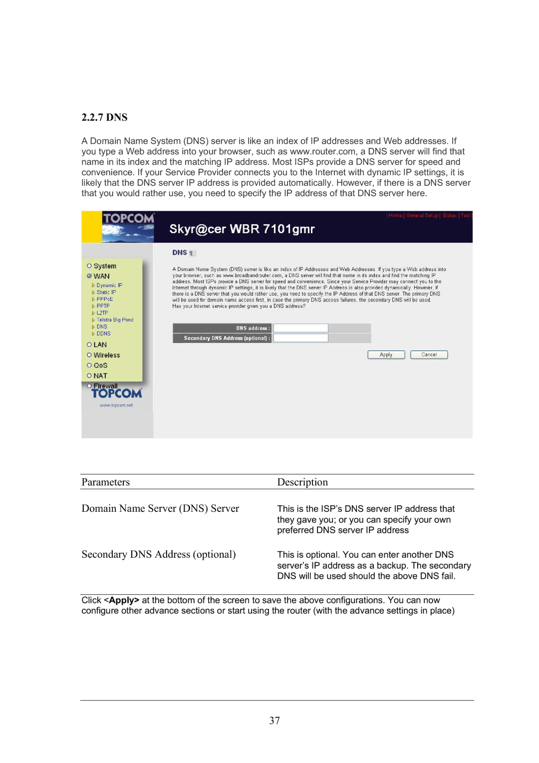 Topcom WBR 7101GMR manual Parameters Description Domain Name Server DNS Server, Secondary DNS Address optional 