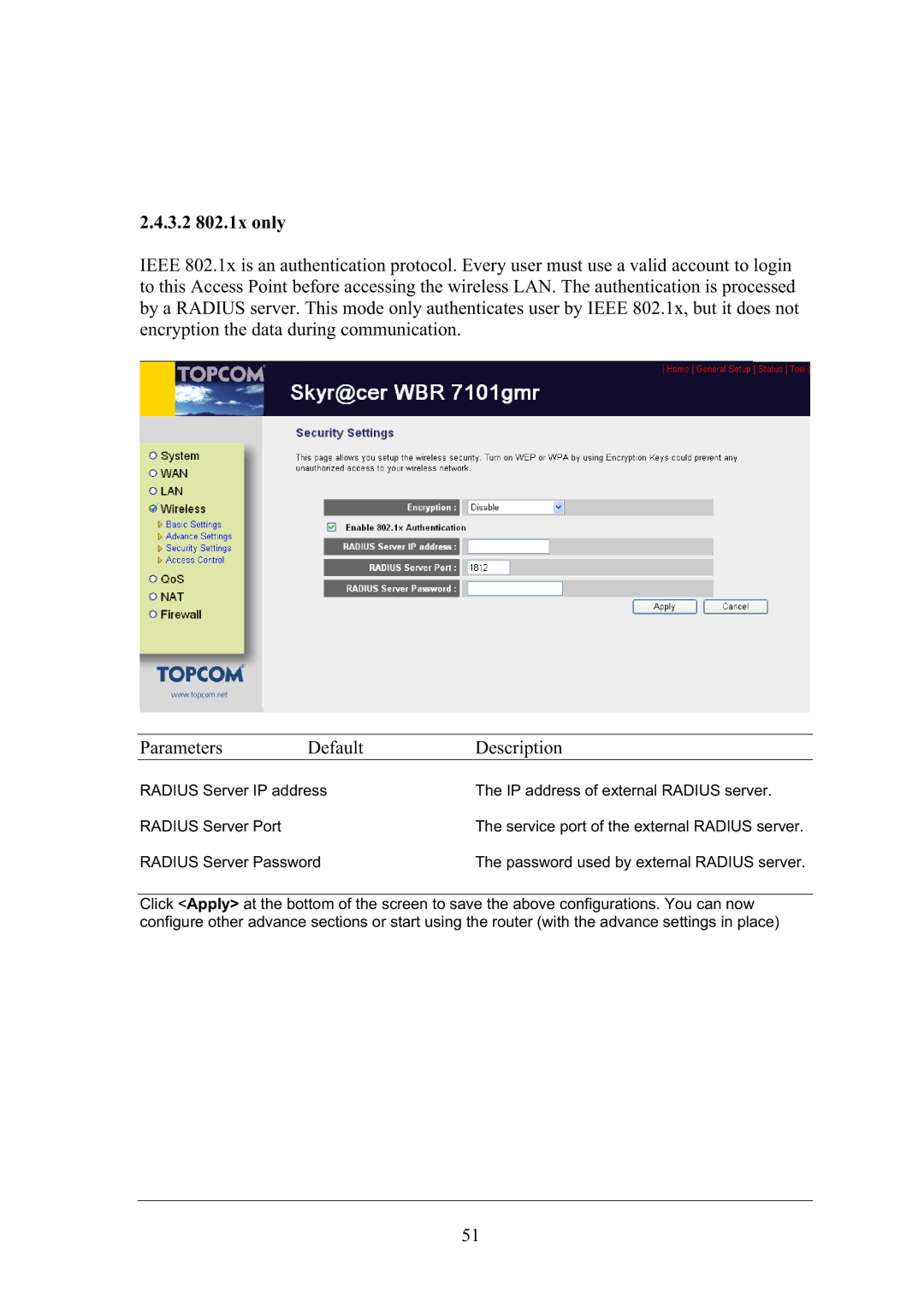 Topcom WBR 7101GMR manual 3.2 802.1x only 