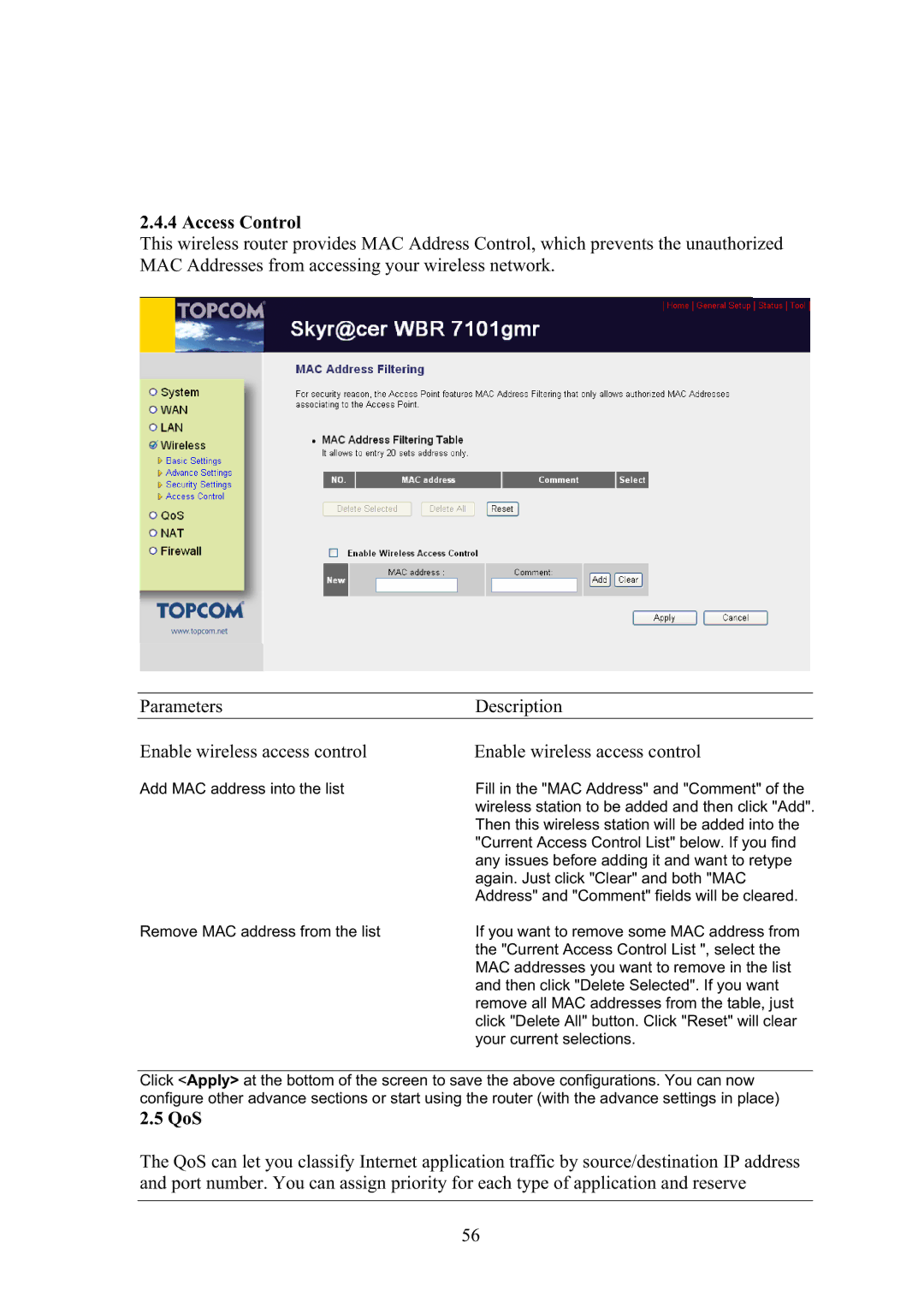 Topcom WBR 7101GMR manual Access Control, QoS 