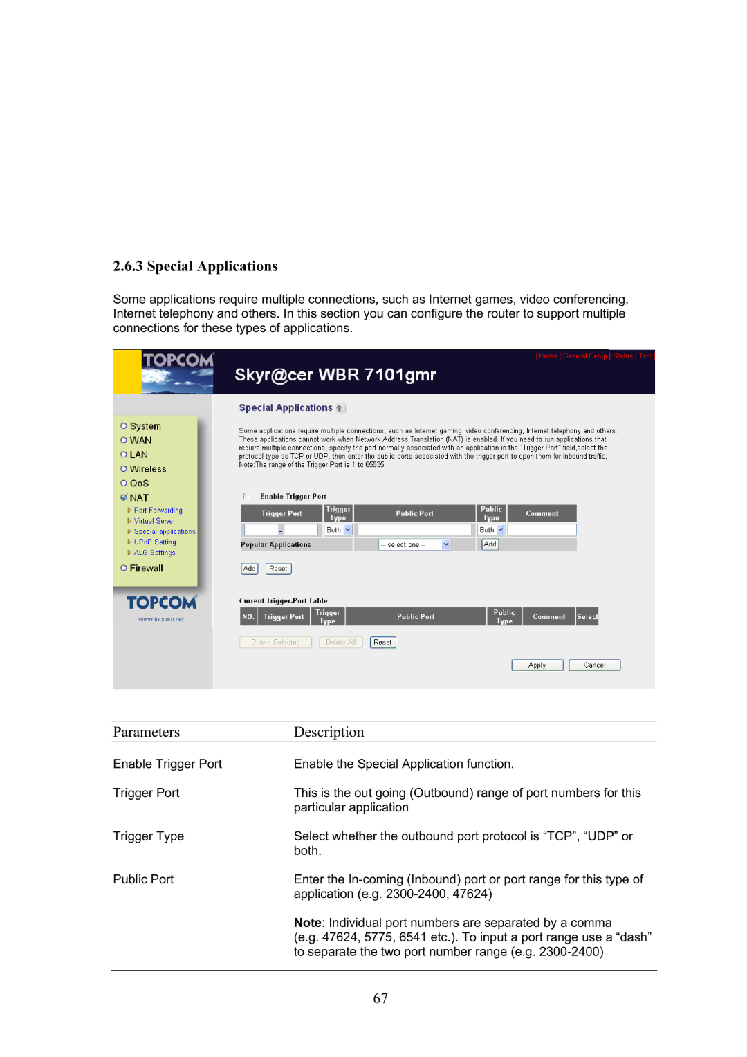 Topcom WBR 7101GMR manual Special Applications 