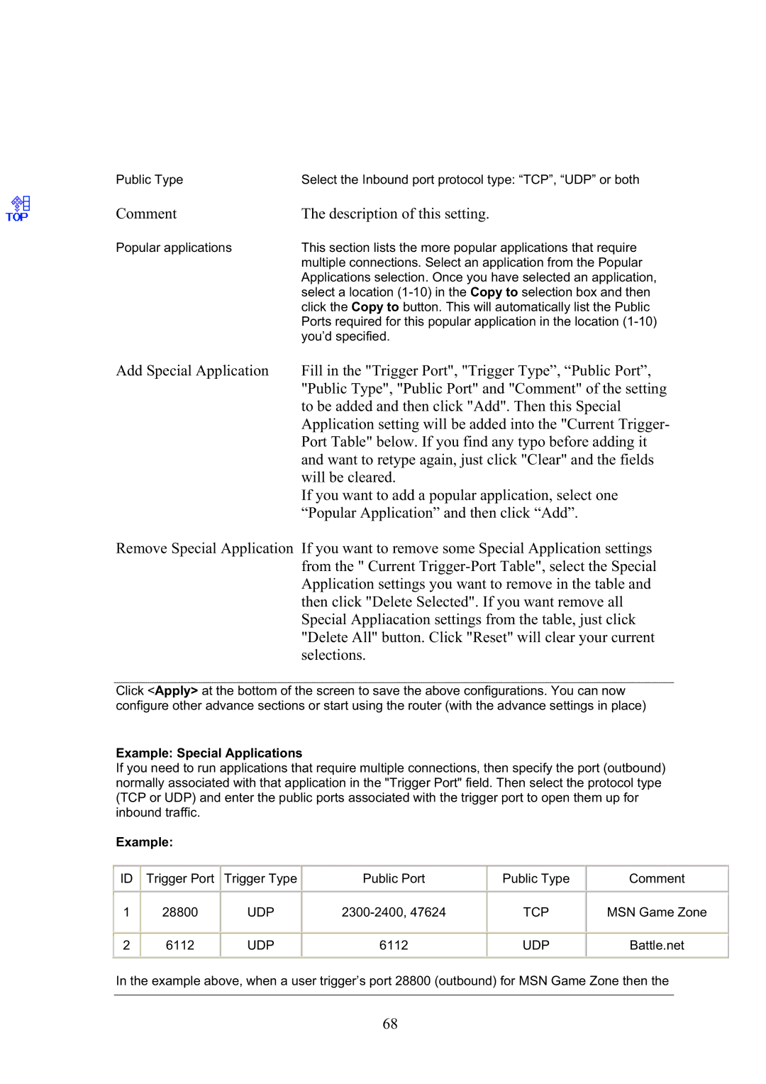 Topcom WBR 7101GMR manual Comment Description of this setting, Example Special Applications 