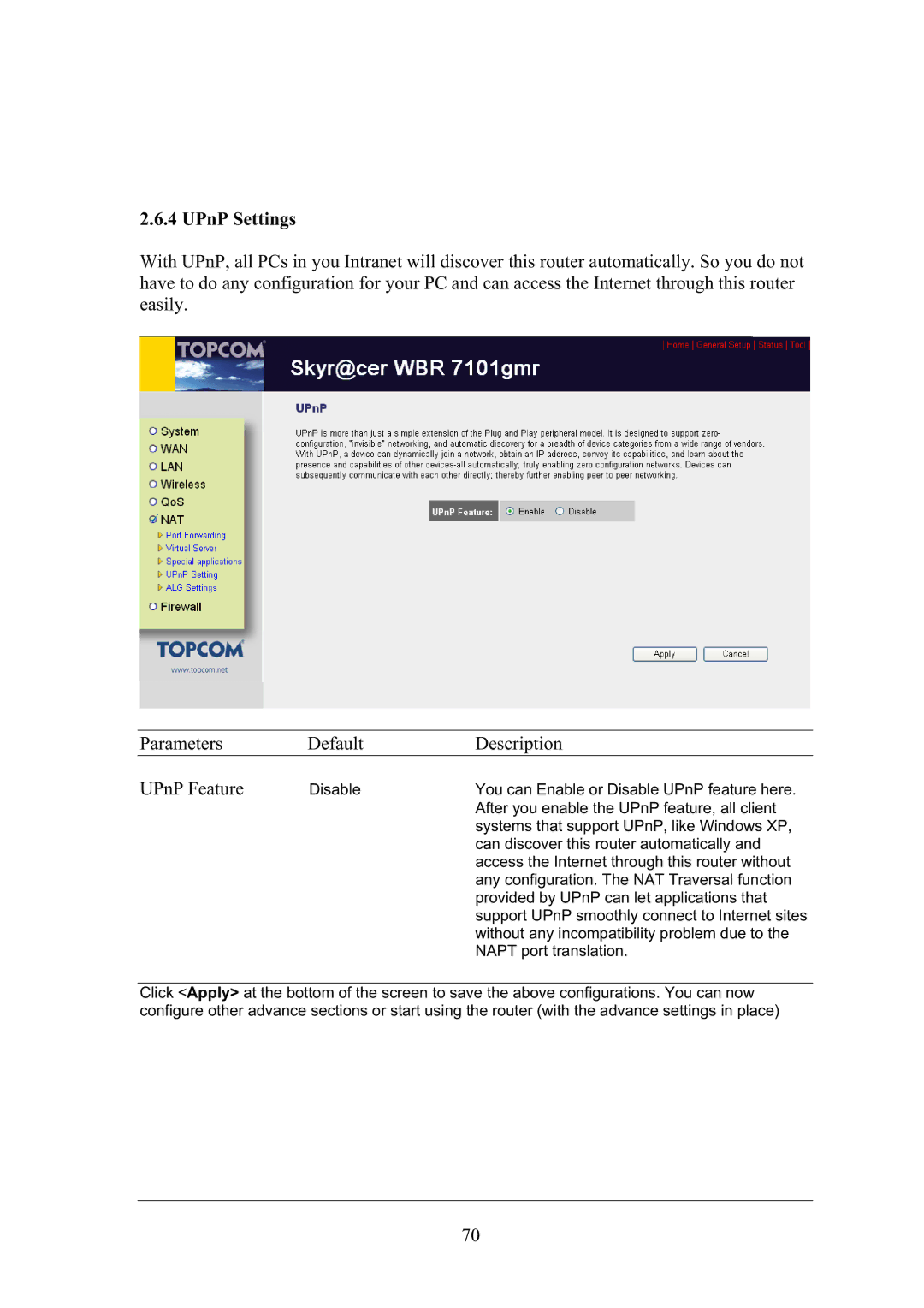 Topcom WBR 7101GMR manual UPnP Settings 