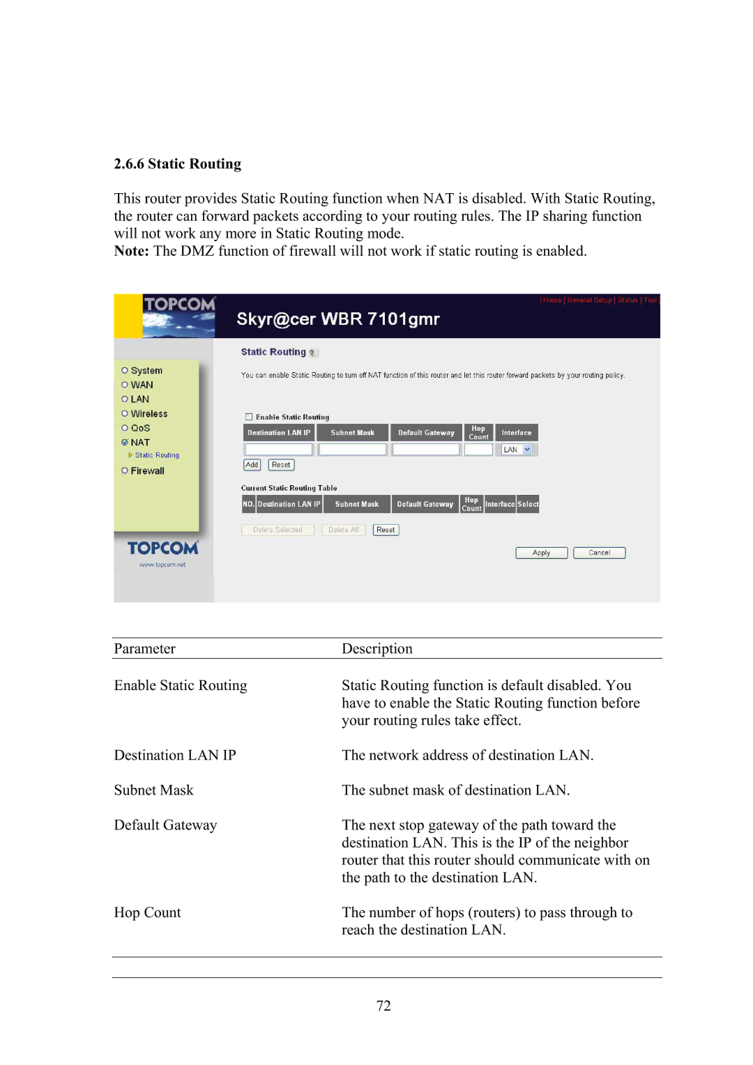 Topcom WBR 7101GMR manual Static Routing 