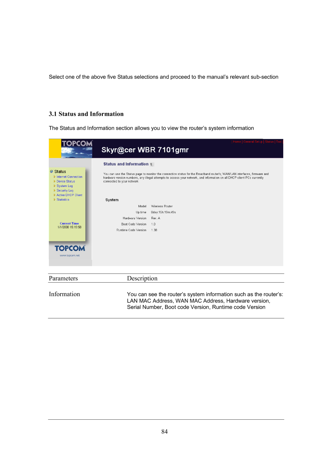 Topcom WBR 7101GMR manual Status and Information, Parameters Description Information 