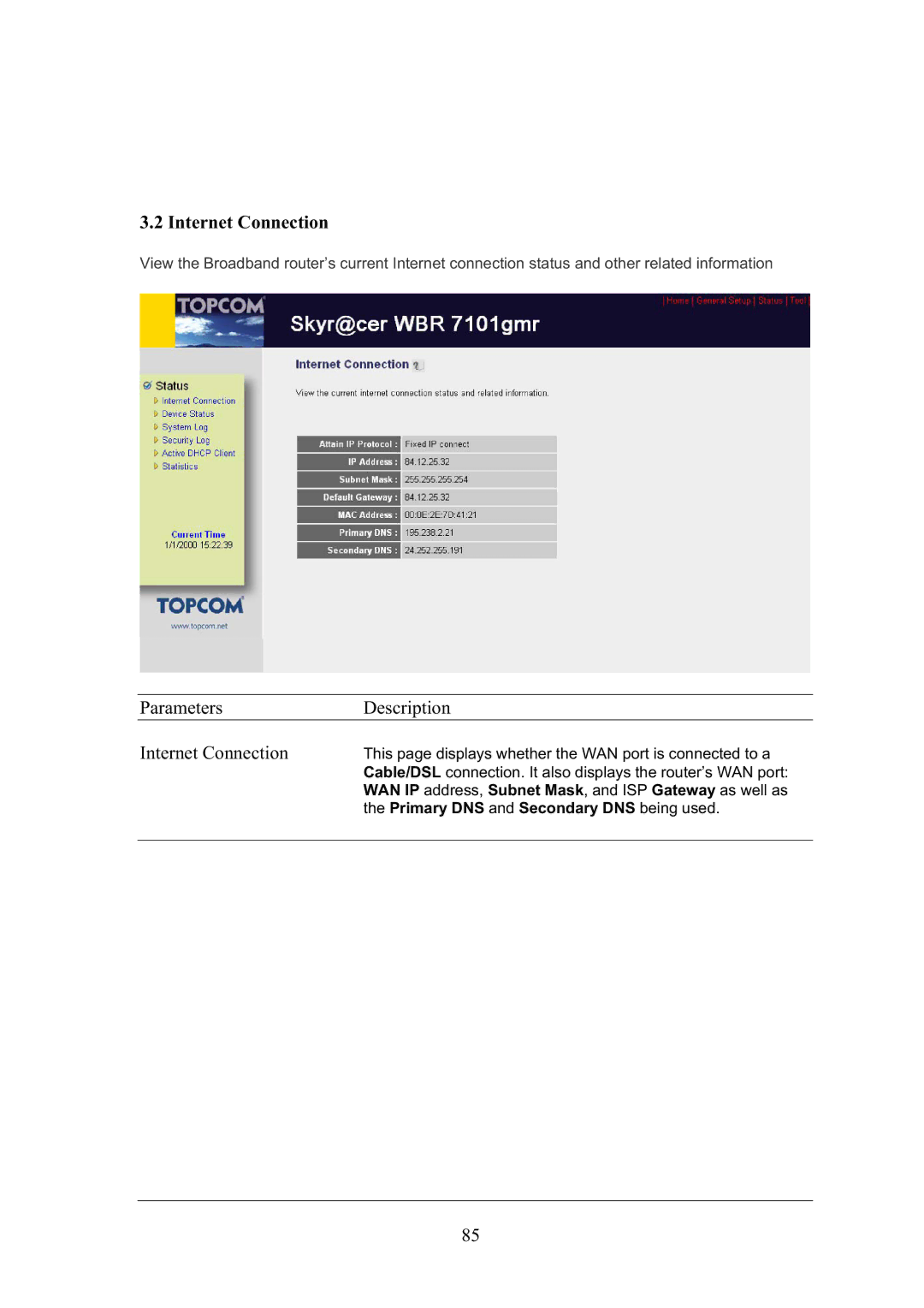 Topcom WBR 7101GMR manual Parameters Description Internet Connection, Primary DNS and Secondary DNS being used 