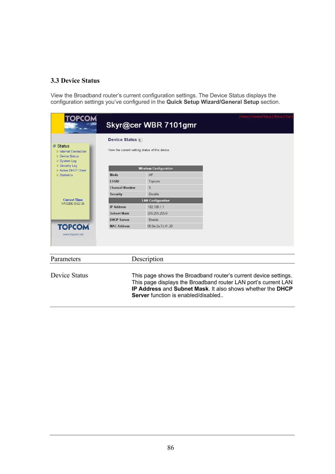 Topcom WBR 7101GMR manual Parameters Description Device Status 