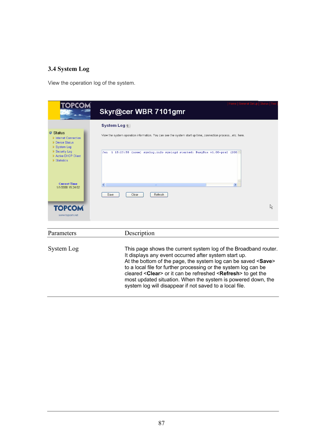 Topcom WBR 7101GMR manual Parameters Description System Log 