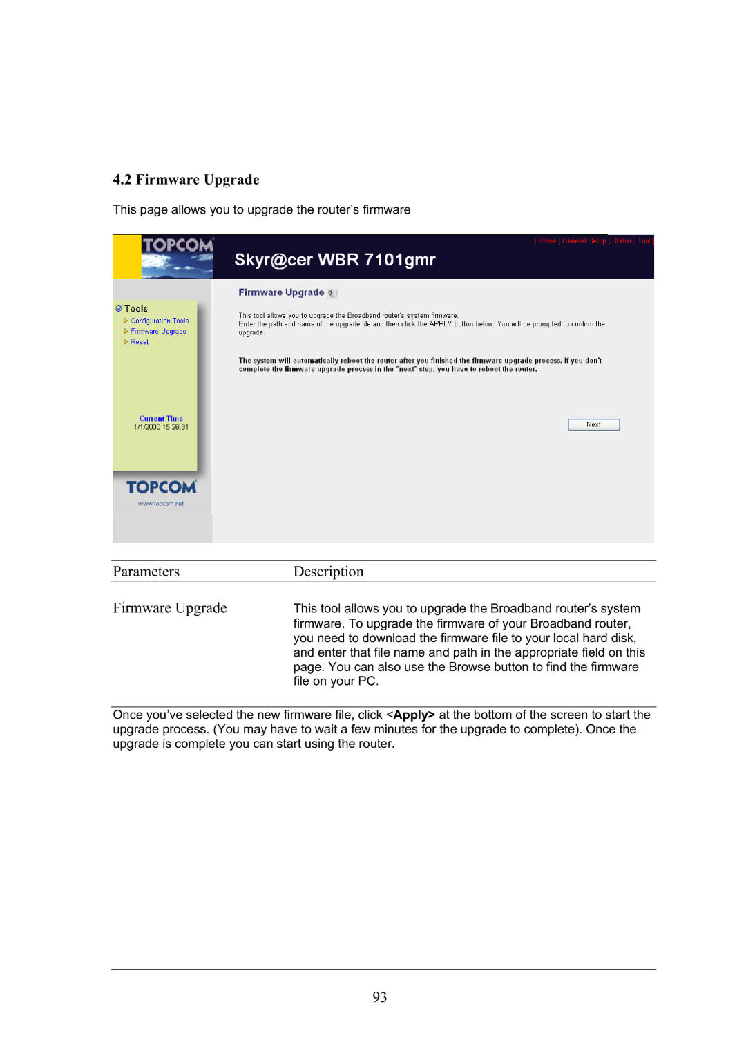 Topcom WBR 7101GMR manual Parameters Description Firmware Upgrade 