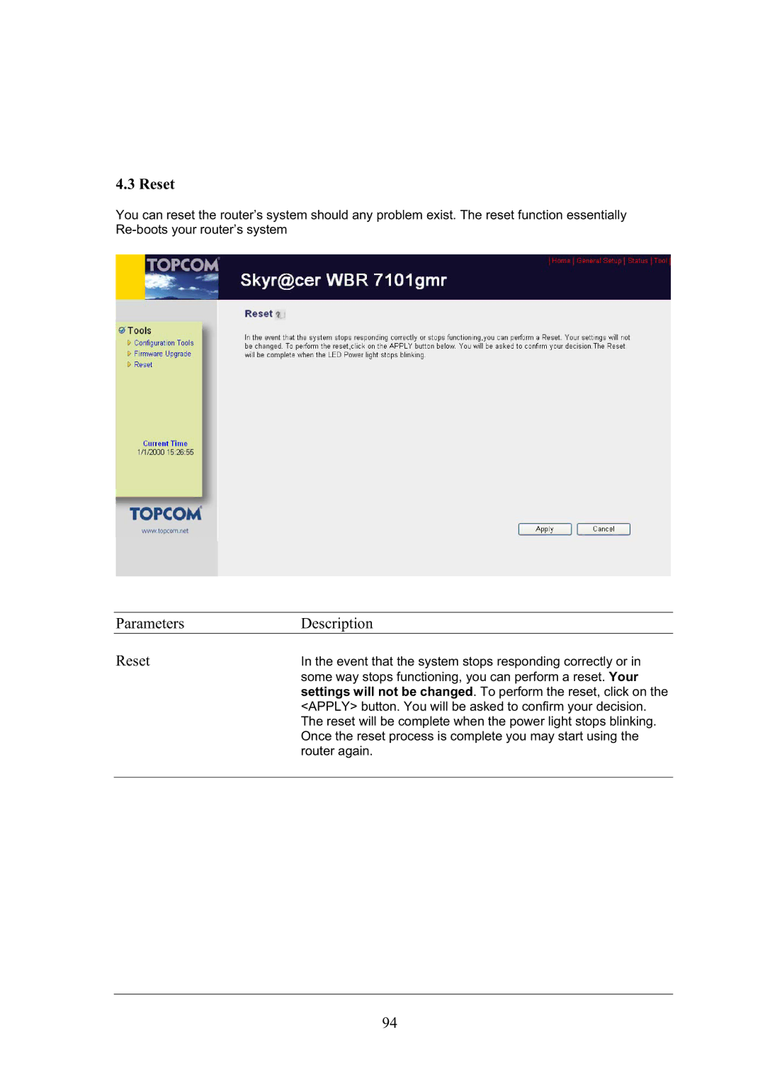 Topcom WBR 7101GMR manual Parameters Description Reset 