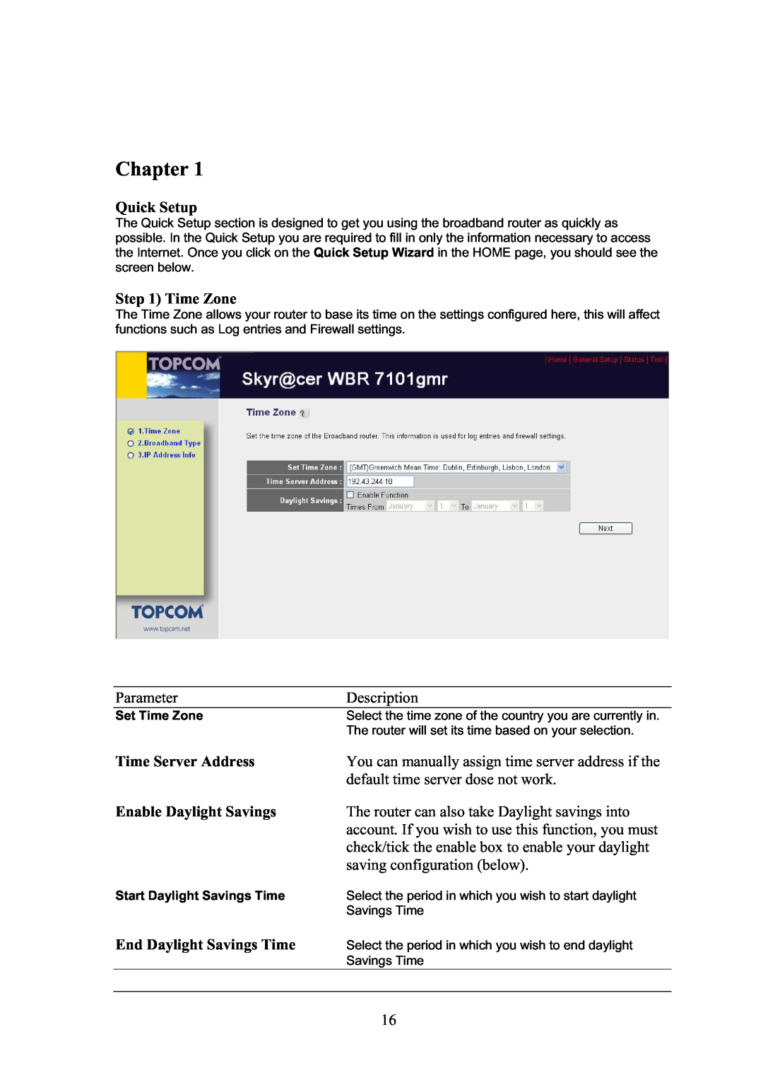 Topcom WBR 7101GMR manual Chapter, Set Time Zone, Start Daylight Savings Time 