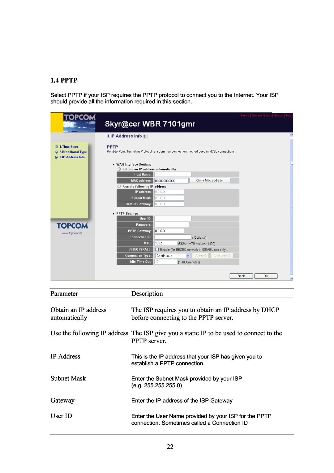 Topcom WBR 7101GMR manual Pptp 