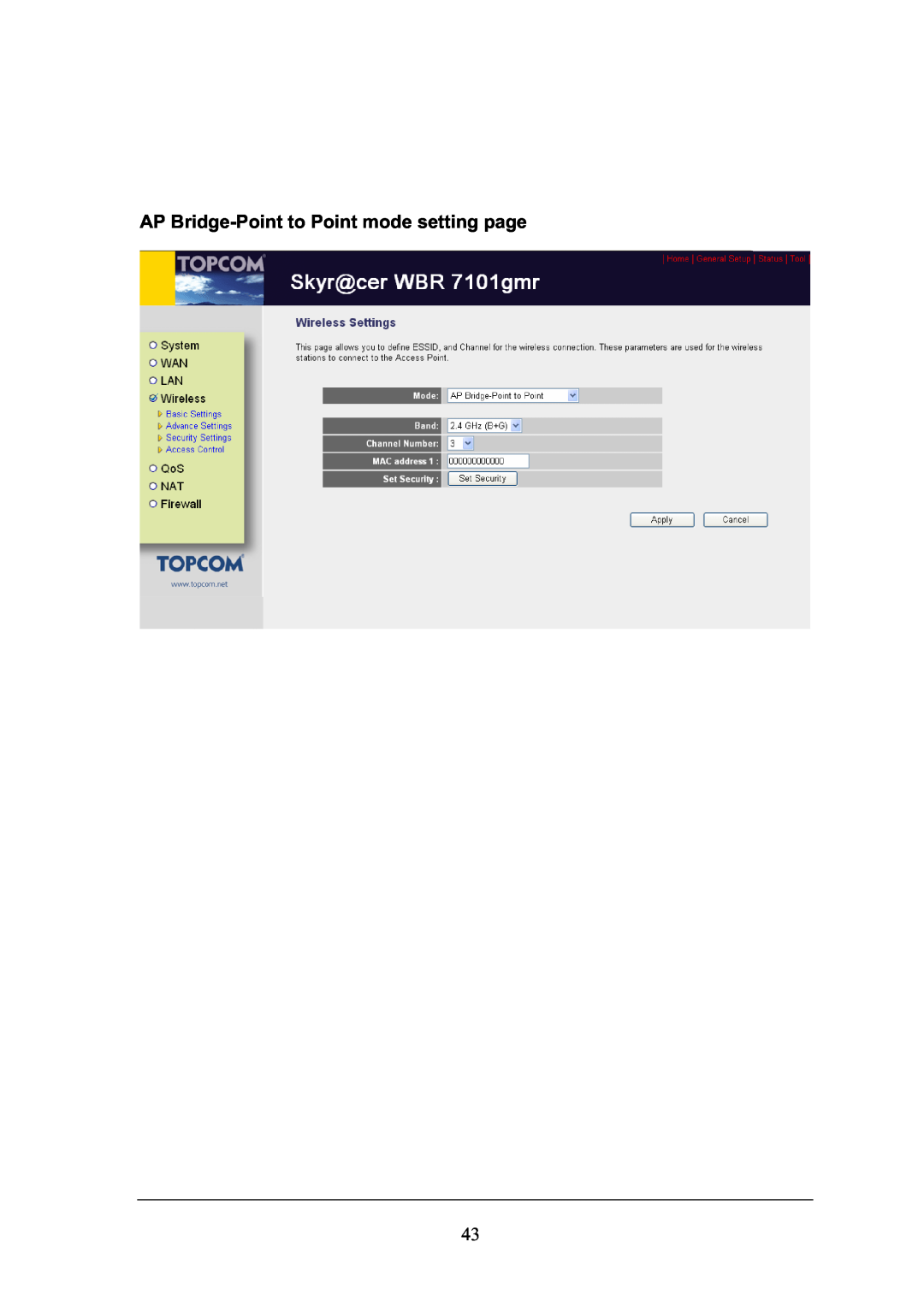 Topcom WBR 7101GMR manual AP Bridge-Point to Point mode setting page 