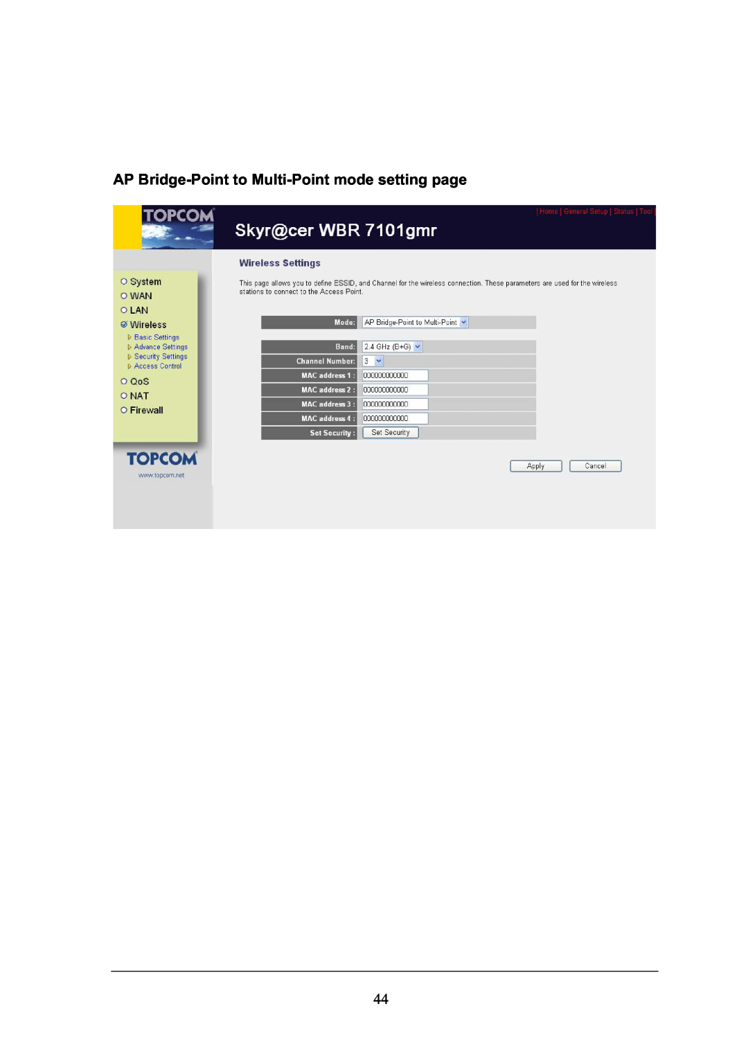 Topcom WBR 7101GMR manual AP Bridge-Point to Multi-Point mode setting page 