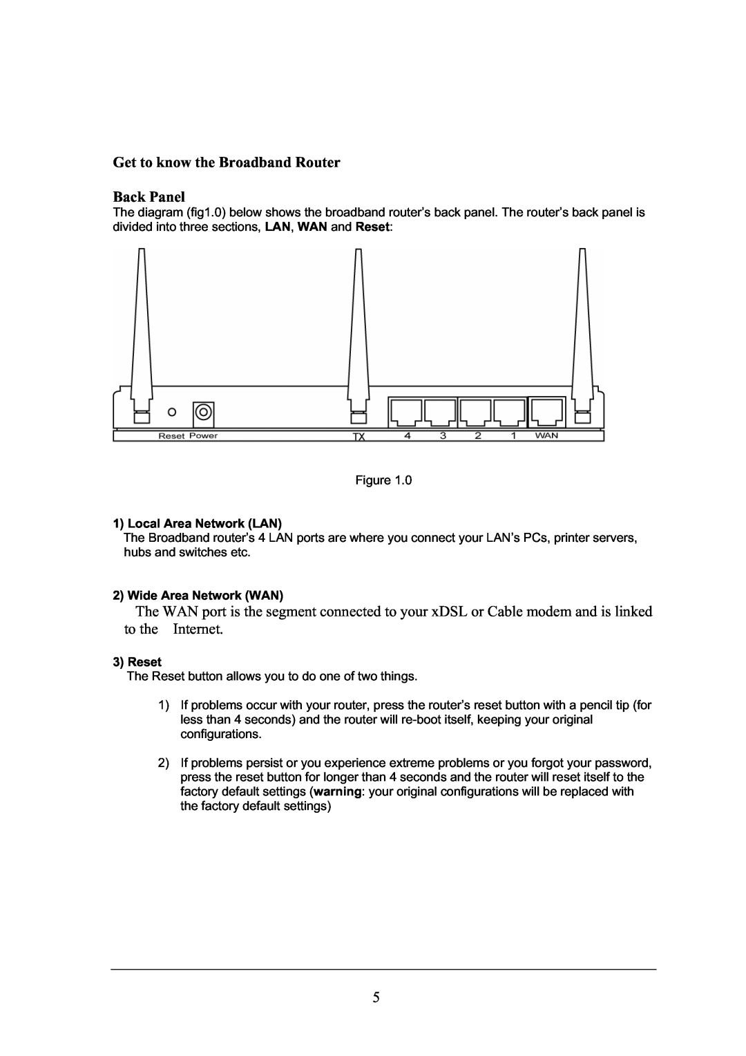 Topcom WBR 7101GMR manual Get to know the Broadband Router Back Panel, Local Area Network LAN, Wide Area Network WAN, Reset 