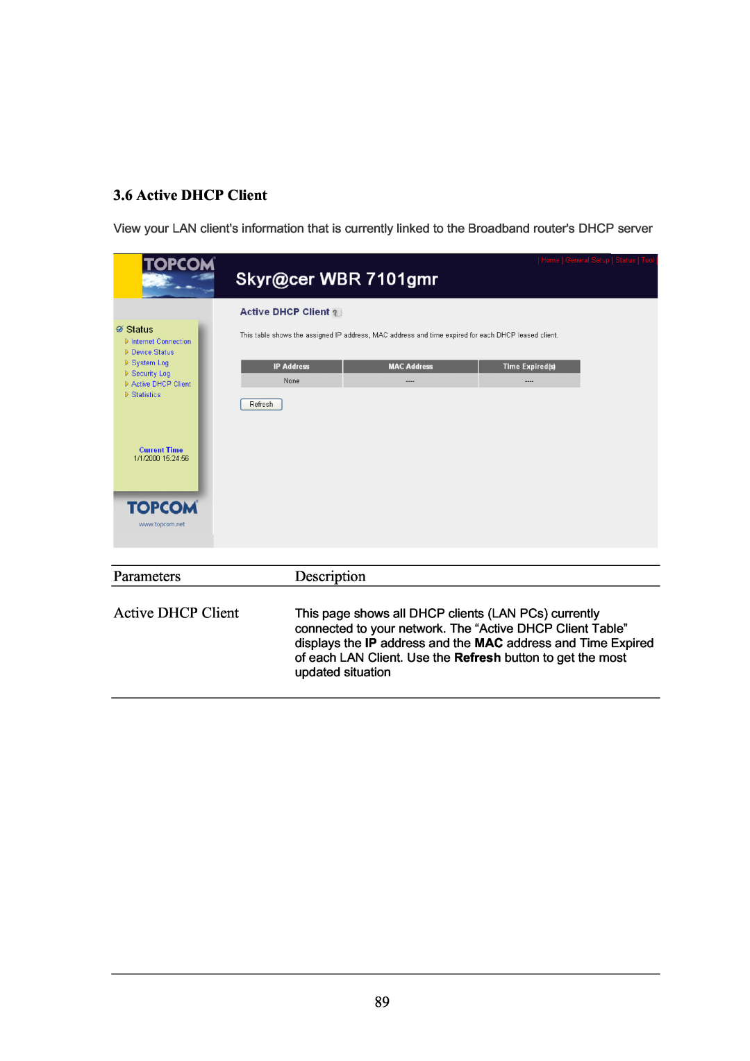 Topcom WBR 7101GMR manual Active DHCP Client, This page shows all DHCP clients LAN PCs currently, updated situation 