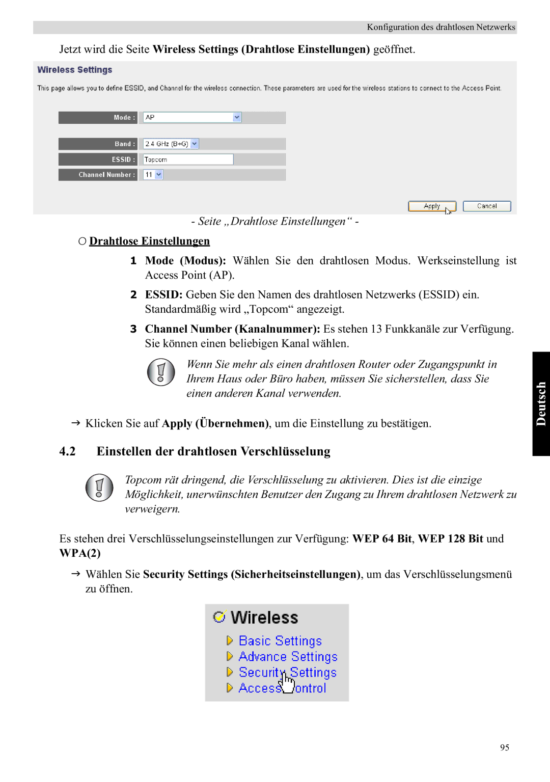 Topcom WBR 7121 manual Einstellen der drahtlosen Verschlüsselung, Seite „Drahtlose Einstellungen 