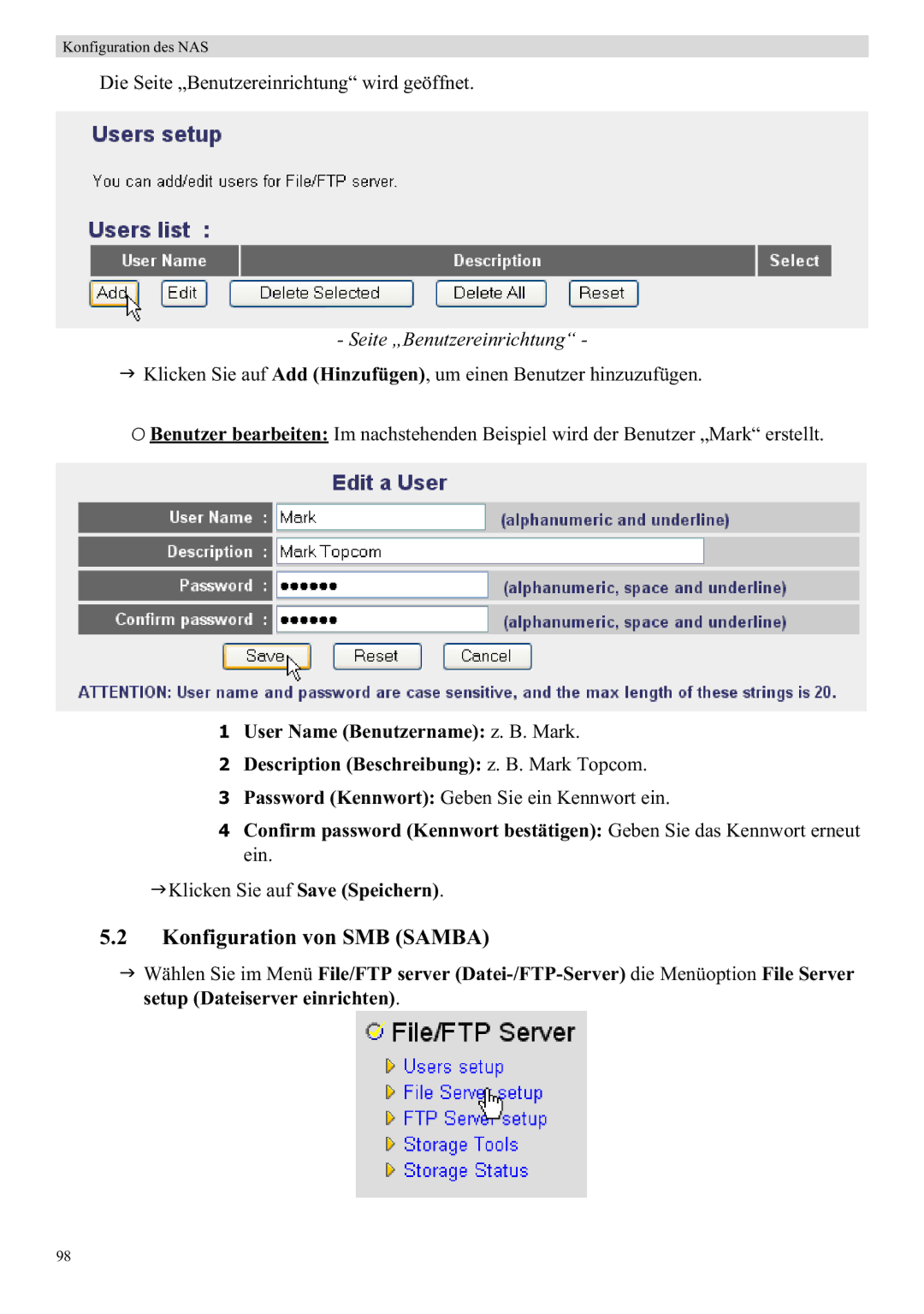 Topcom WBR 7121 manual Konfiguration von SMB Samba, Seite „Benutzereinrichtung 