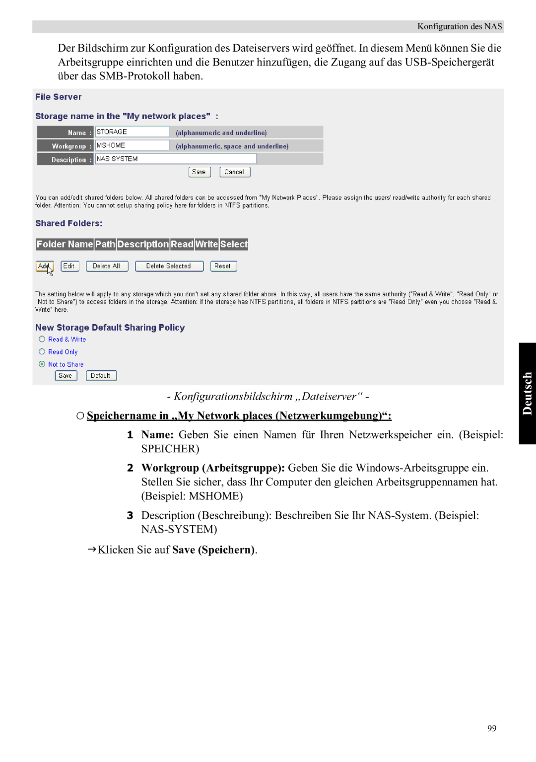 Topcom WBR 7121 manual Konfigurationsbildschirm „Dateiserver, Speichername in „My Network places Netzwerkumgebung 