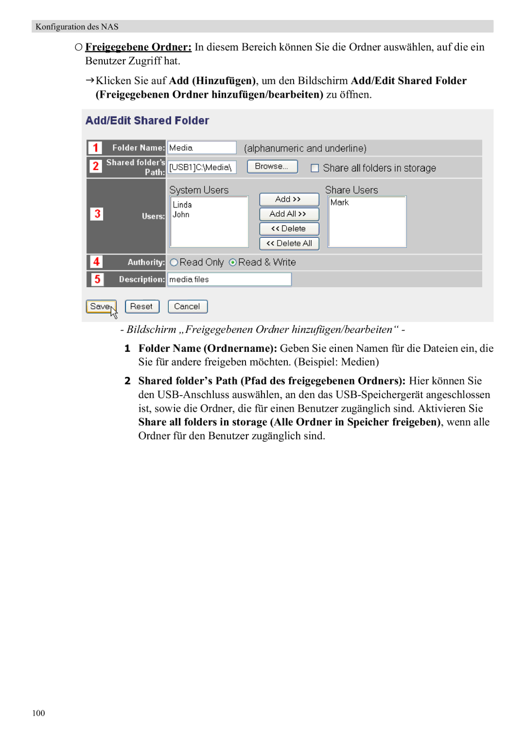 Topcom WBR 7121 manual Bildschirm „Freigegebenen Ordner hinzufügen/bearbeiten 