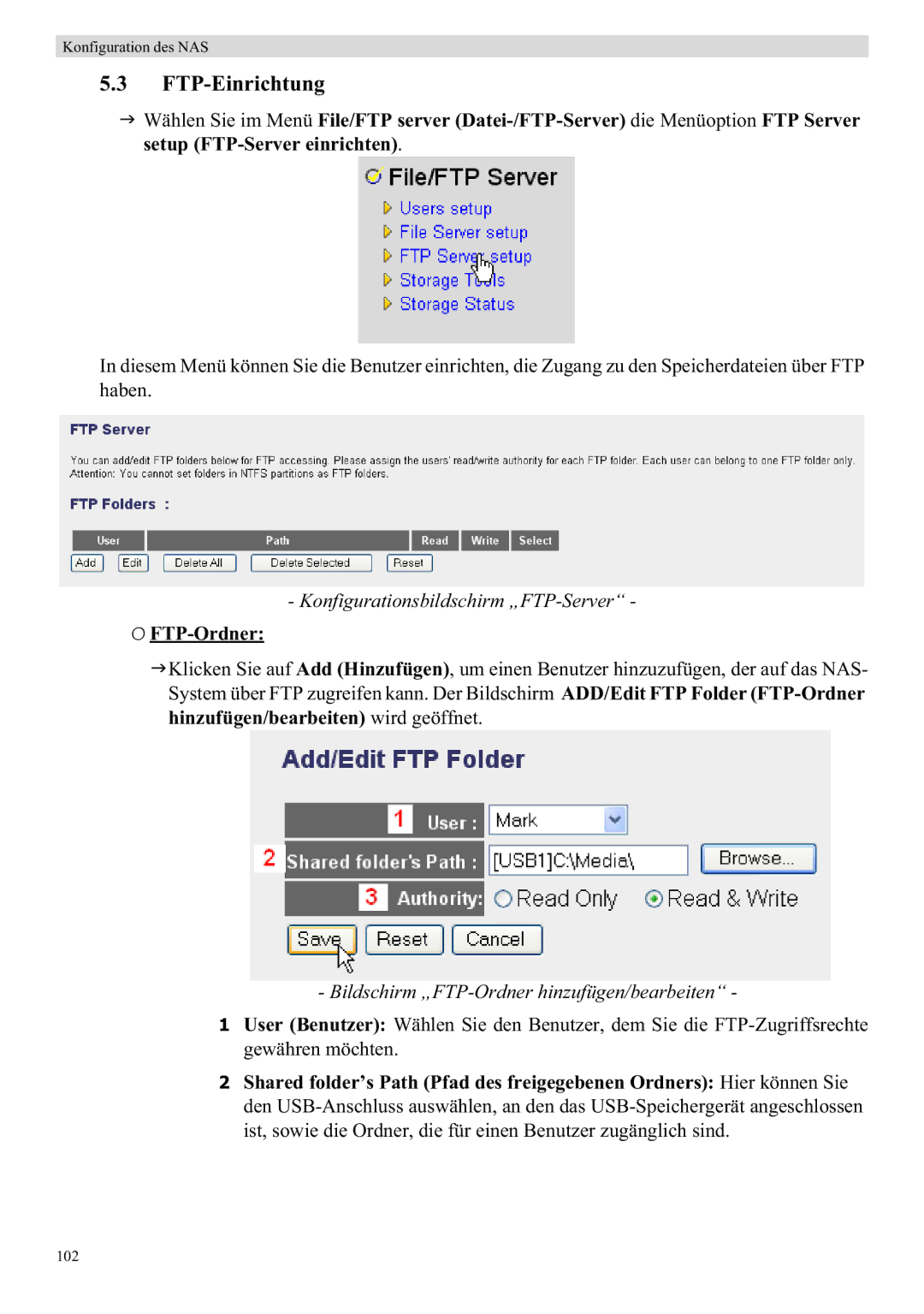 Topcom WBR 7121 manual FTP-Einrichtung, Konfigurationsbildschirm „FTP-Server, FTP-Ordner 