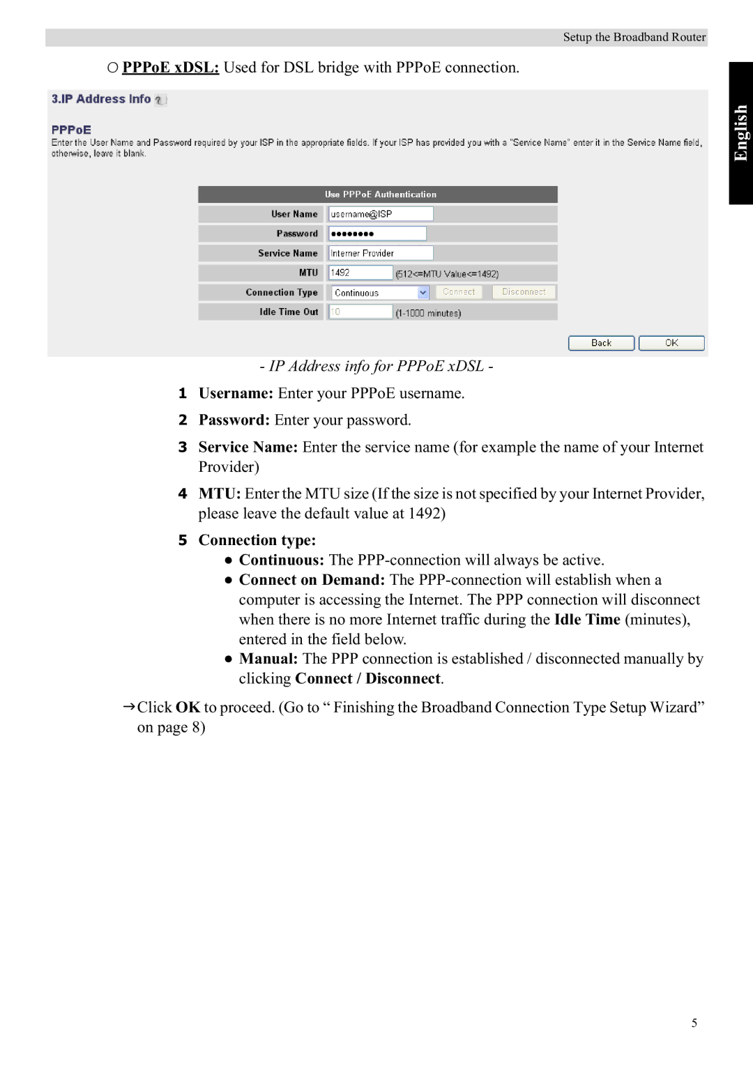 Topcom WBR 7121 manual IP Address info for PPPoE xDSL, Connection type 