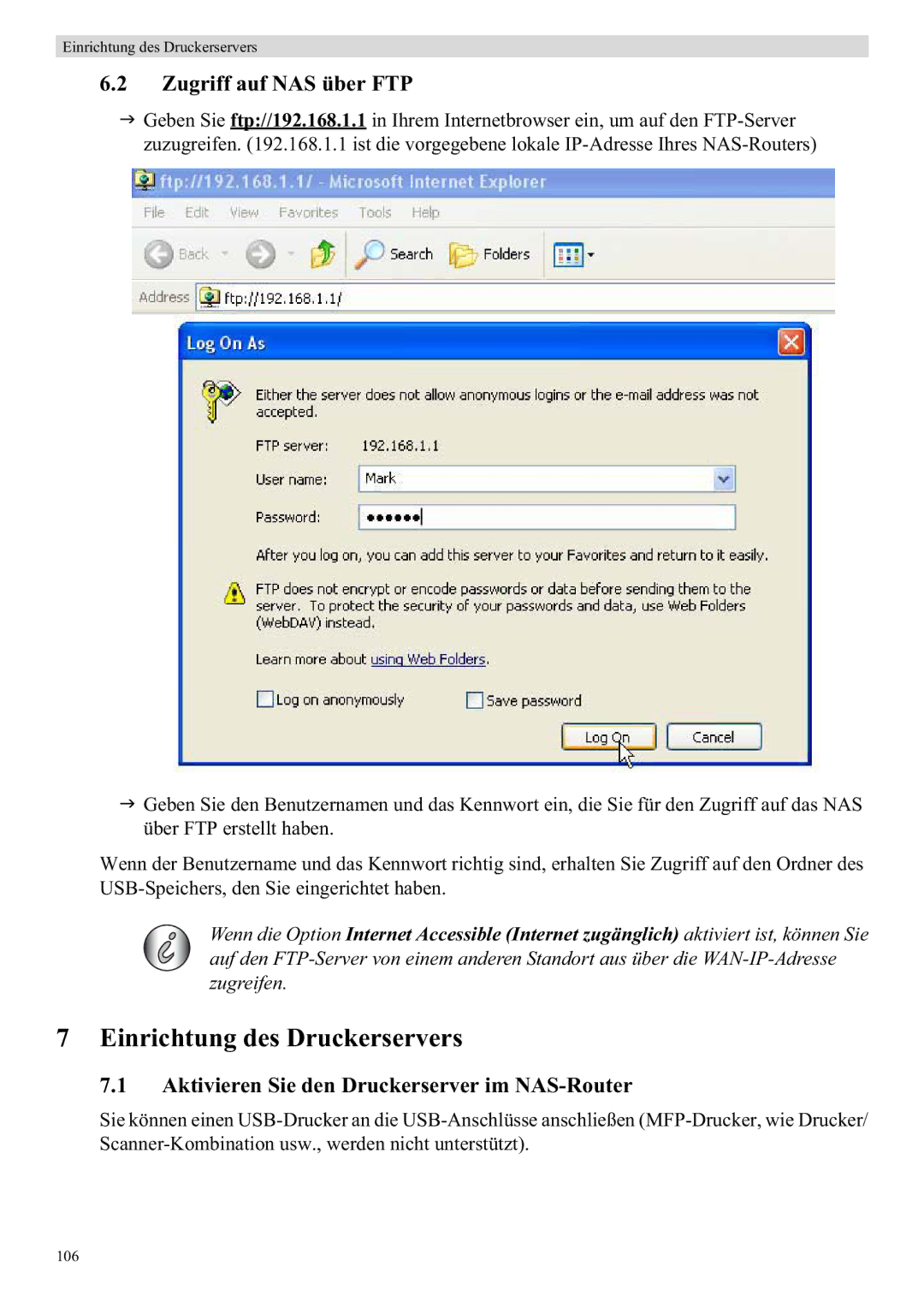 Topcom WBR 7121 Einrichtung des Druckerservers, Zugriff auf NAS über FTP, Aktivieren Sie den Druckerserver im NAS-Router 