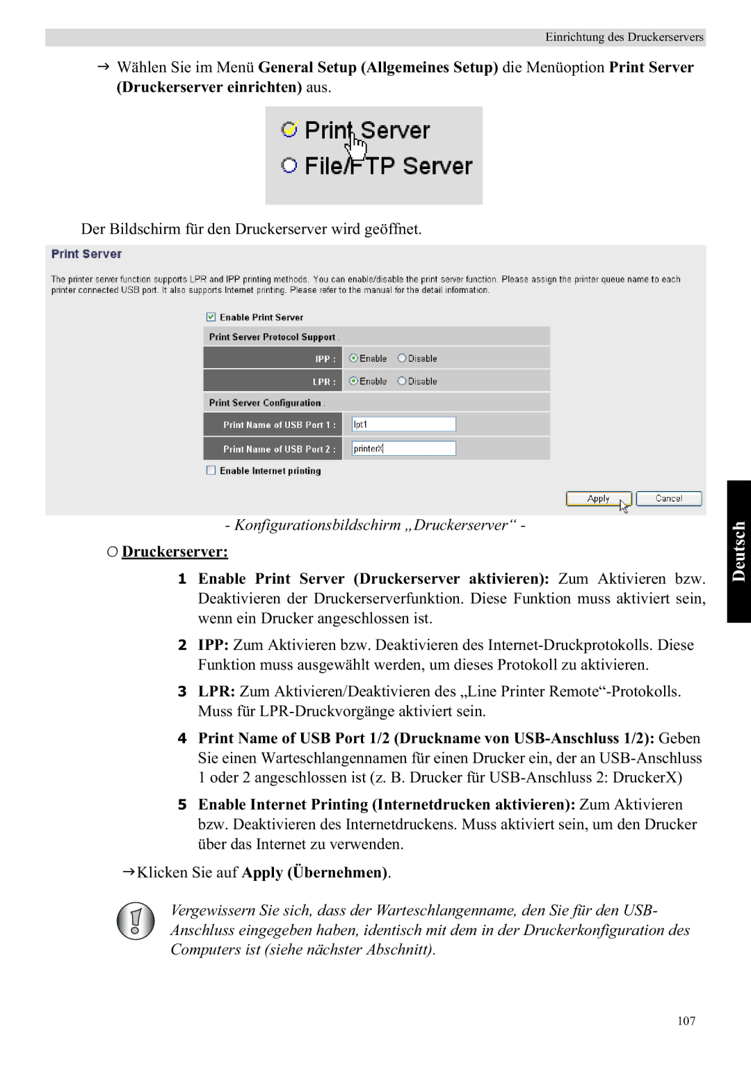 Topcom WBR 7121 manual Konfigurationsbildschirm „Druckerserver 