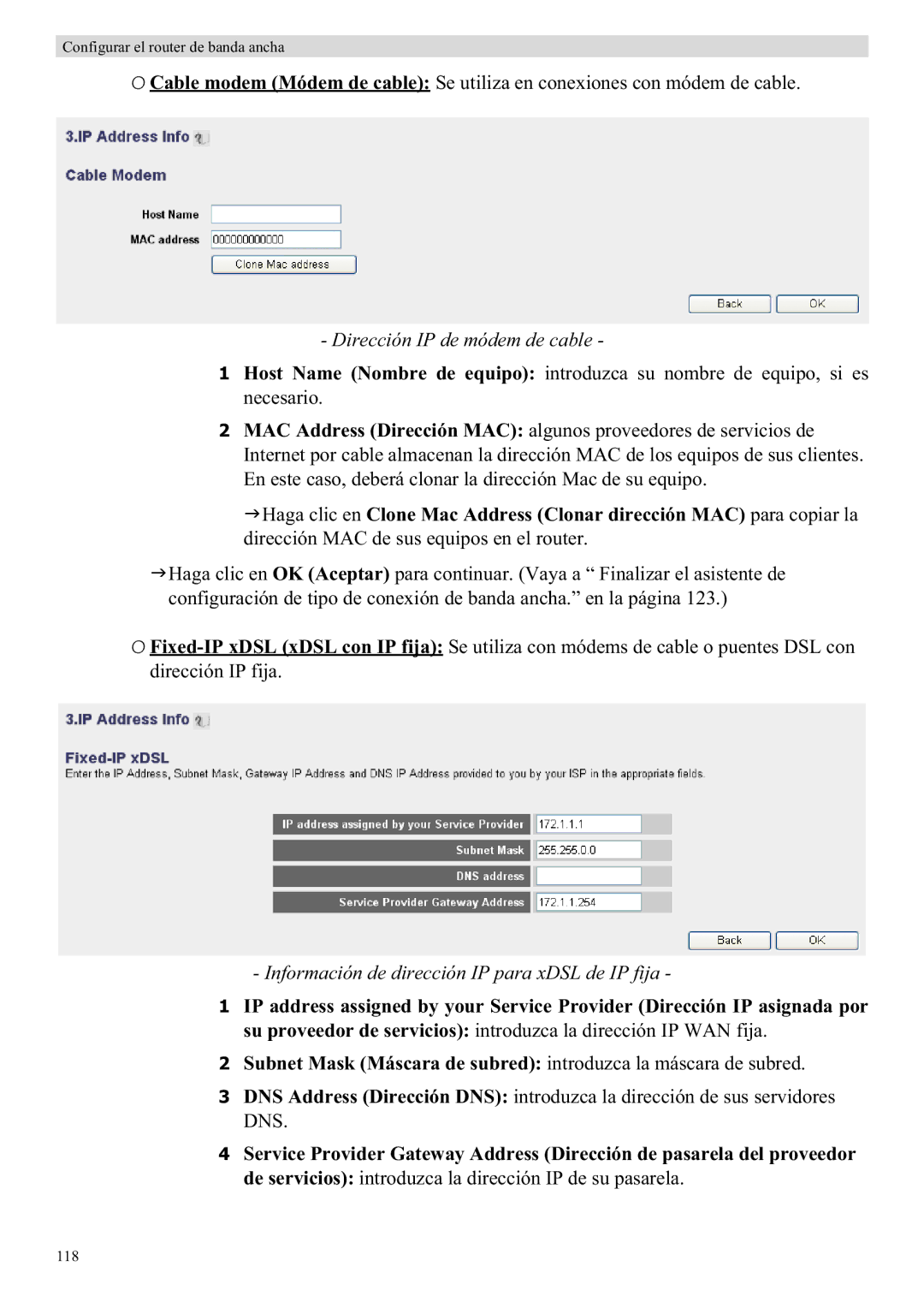 Topcom WBR 7121 manual Dirección IP de módem de cable, Información de dirección IP para xDSL de IP fija 