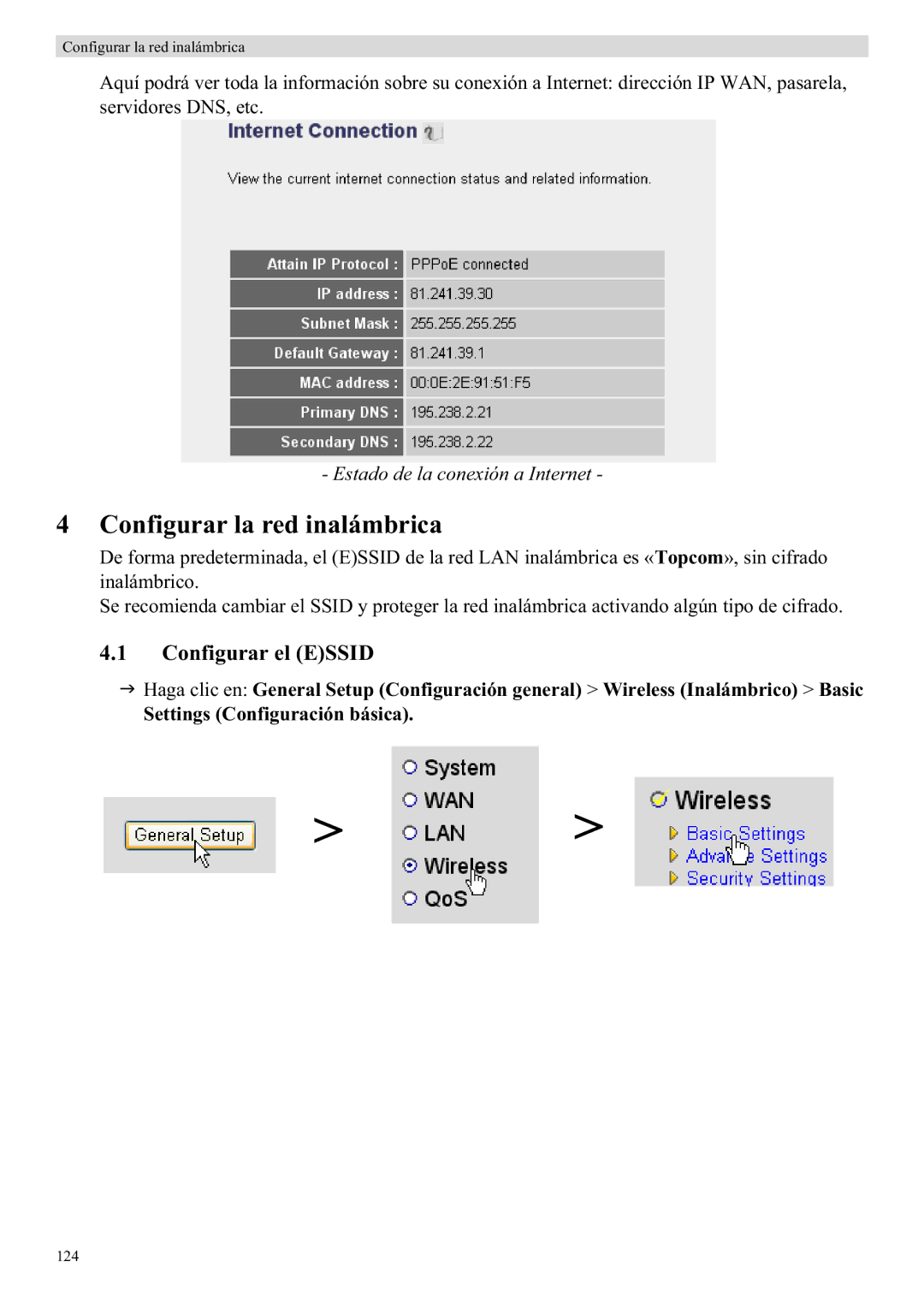 Topcom WBR 7121 manual Configurar la red inalámbrica, Configurar el Essid, Estado de la conexión a Internet 