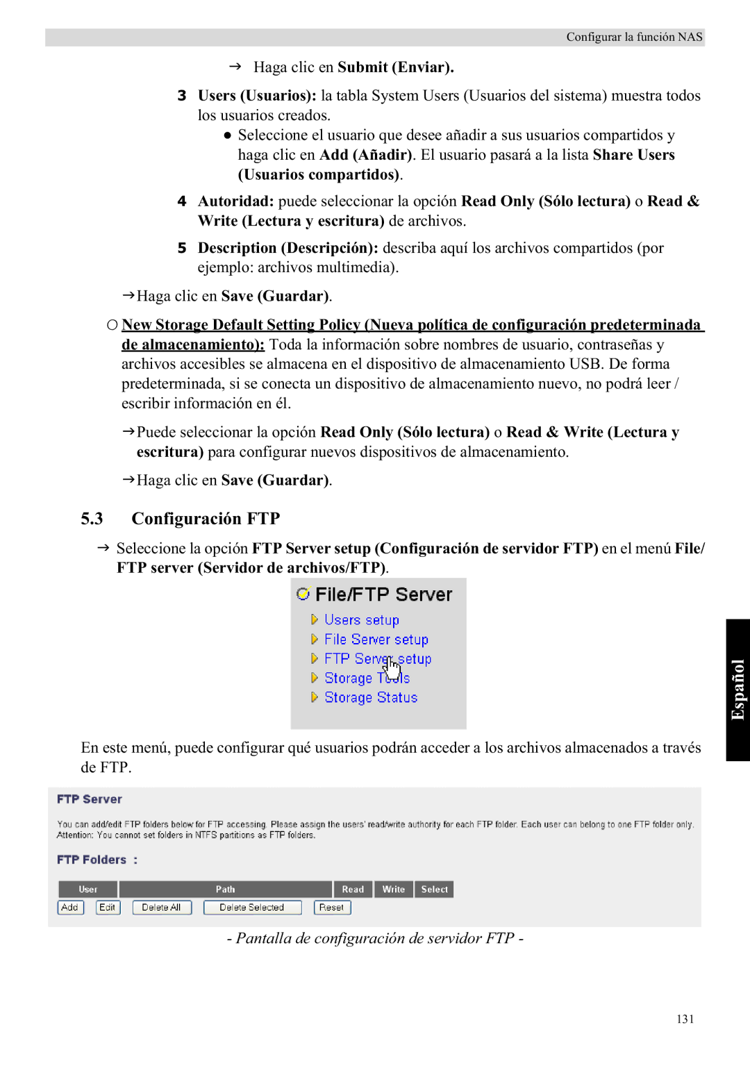 Topcom WBR 7121 manual Configuración FTP, Haga clic en Submit Enviar, Pantalla de configuración de servidor FTP 