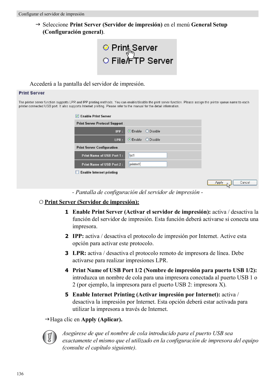 Topcom WBR 7121 manual Pantalla de configuración del servidor de impresión 