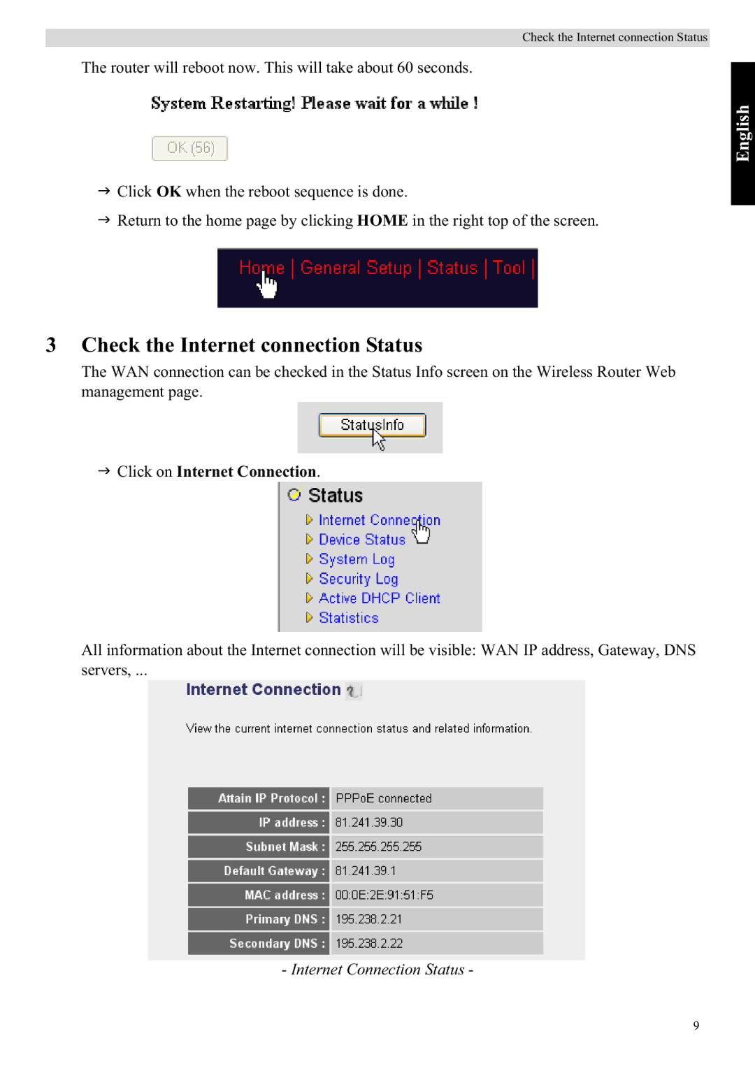 Topcom WBR 7121 manual Check the Internet connection Status, Click on Internet Connection, Internet Connection Status 