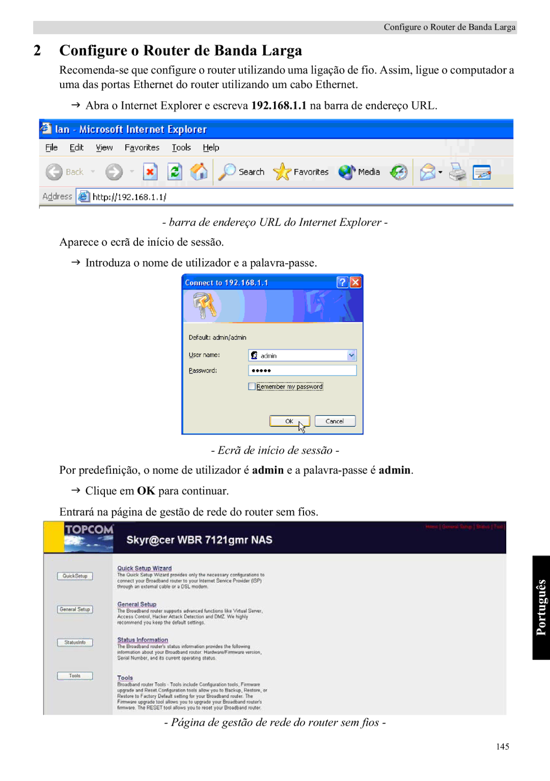 Topcom WBR 7121 Configure o Router de Banda Larga, Ecrã de início de sessão, Página de gestão de rede do router sem fios 