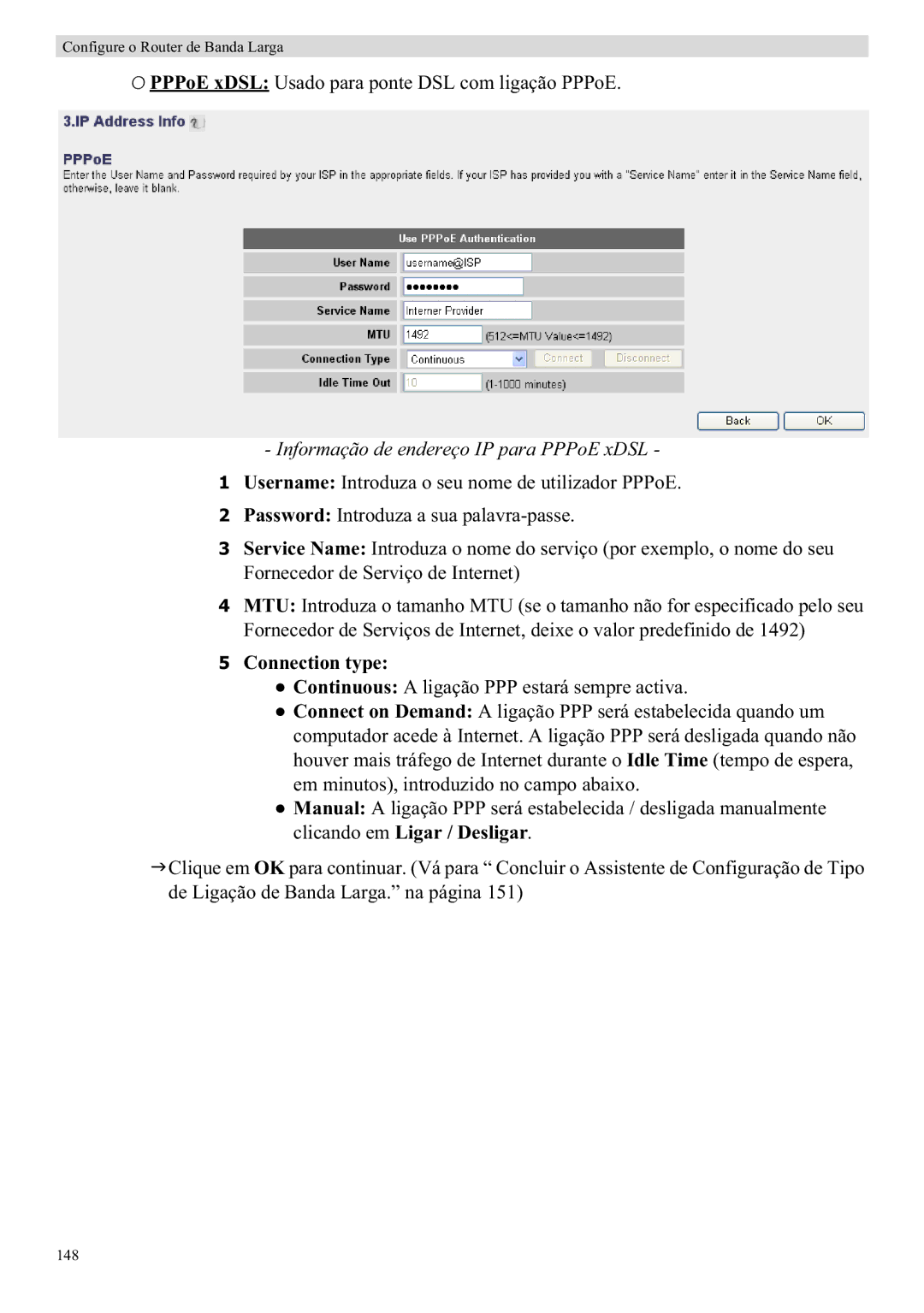 Topcom WBR 7121 manual Informação de endereço IP para PPPoE xDSL, Connection type 