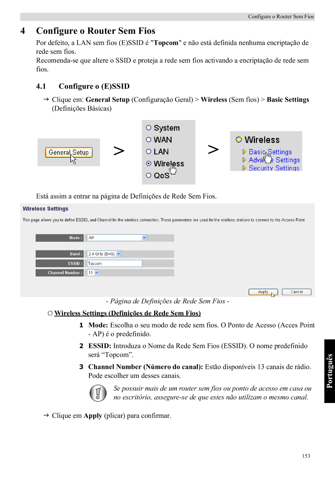 Topcom WBR 7121 manual Configure o Router Sem Fios, Configure o Essid, Página de Definições de Rede Sem Fios 