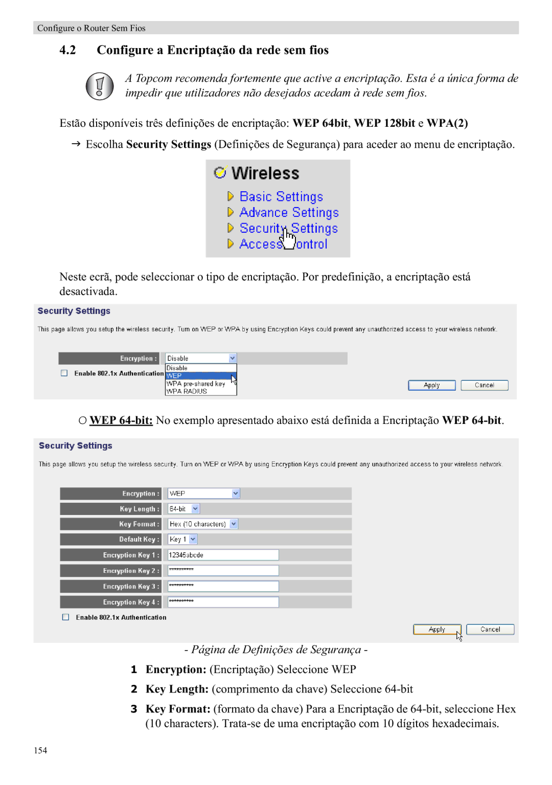 Topcom WBR 7121 manual Configure a Encriptação da rede sem fios, Página de Definições de Segurança 