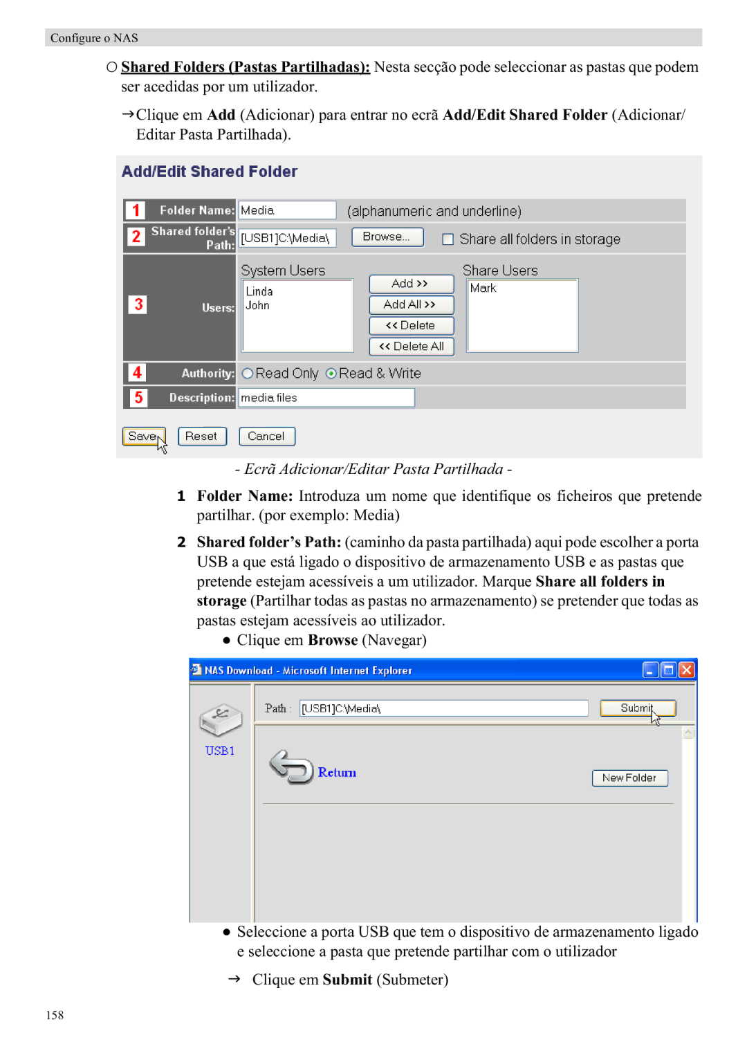 Topcom WBR 7121 manual Ecrã Adicionar/Editar Pasta Partilhada 