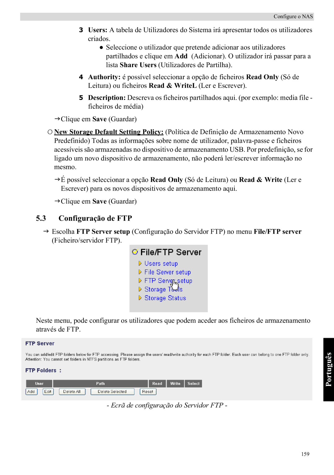 Topcom WBR 7121 manual Configuração de FTP, Ecrã de configuração do Servidor FTP 