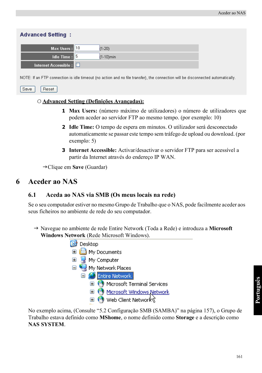 Topcom WBR 7121 manual Aceder ao NAS, Aceda ao NAS via SMB Os meus locais na rede, Advanced Setting Definições Avançadas 